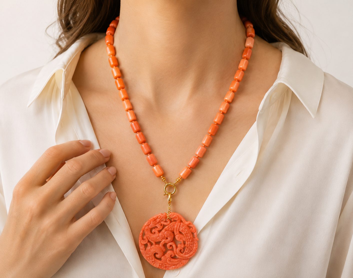 COLLANA BAMBOO CORALLO MANDALA ROSSO ARTIGIANALE