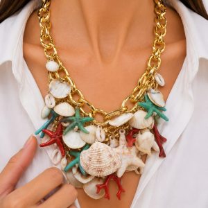 Collana Multifilo Conchiglie Stelle Marine Verde Turchese
