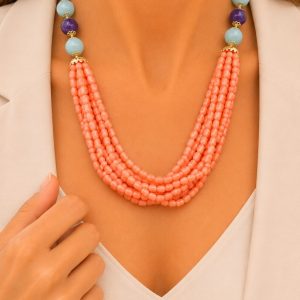 Collana Multifilo Torchon Corallo Bamboo Ametista Acquamarina Argento
