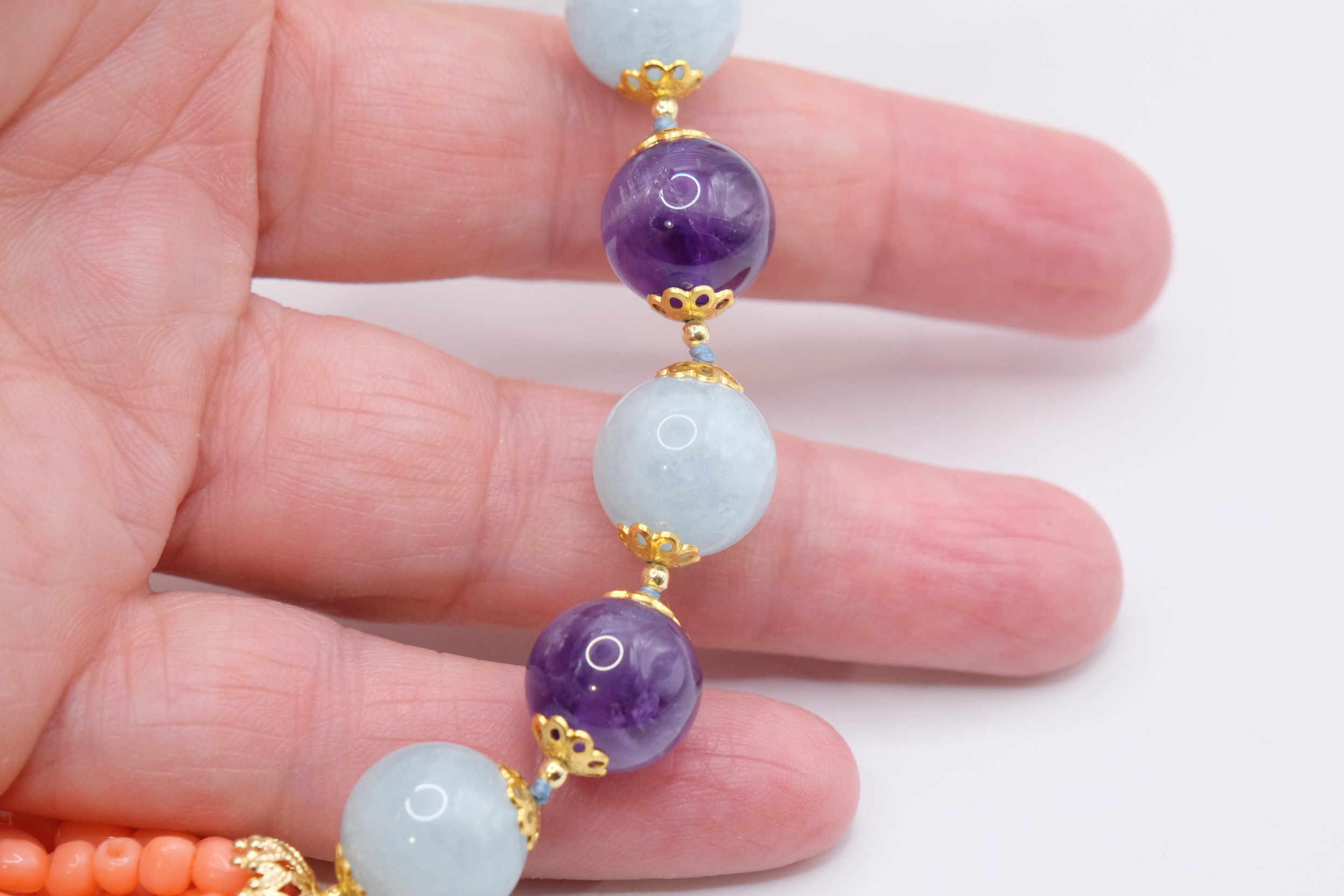 COLLANA MULTIFILO CORALLO BAMBOO AMETISTA ACQUAMARINA ARGENTO ARTIGIANALE (7)