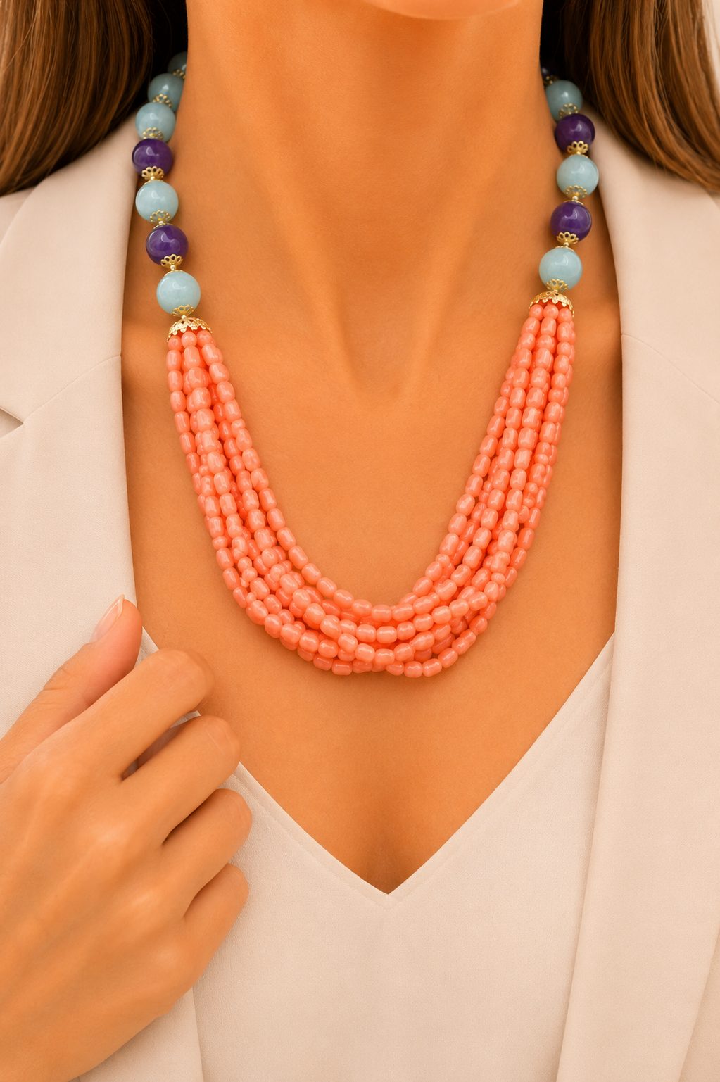 COLLANA MULTIFILO CORALLO BAMBOO AMETISTA ACQUAMARINA ARGENTO ARTIGIANALE