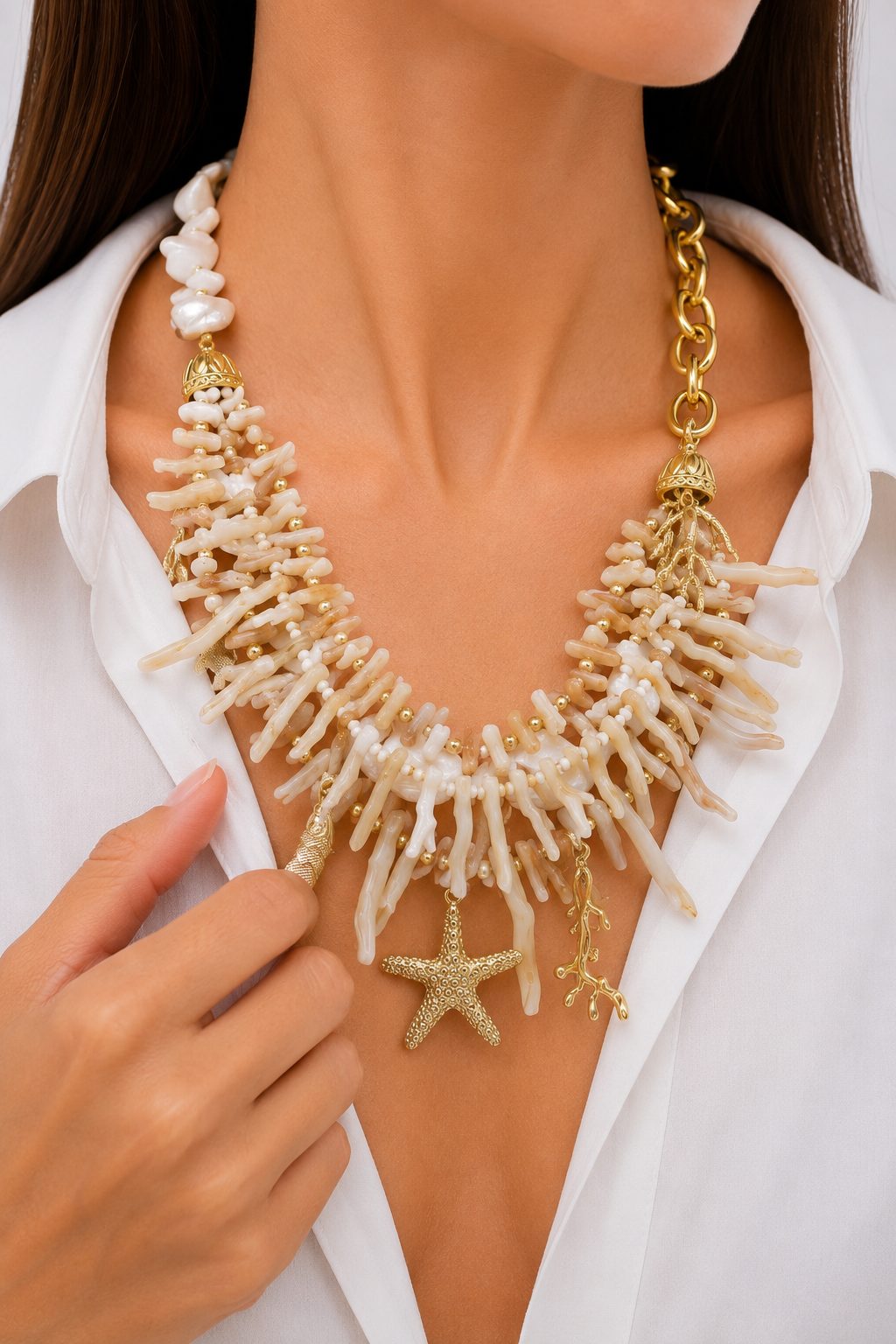 COLLANA MULTIFILO MADREPERLA STELLE MARINE OTTONE (1)