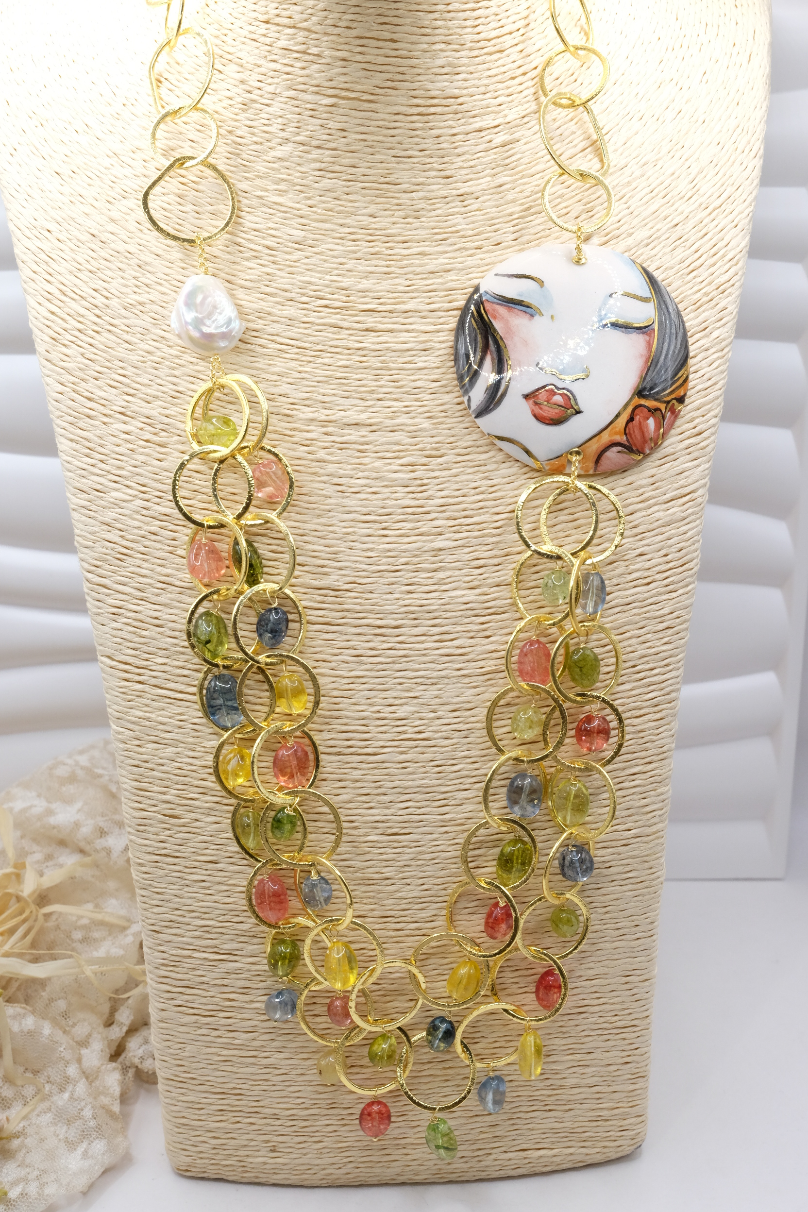 COLLANA MULTIFILO PIASTRA CERAMICA DI CALTAGIRONE TORMALINE MULTICOLORE (2)