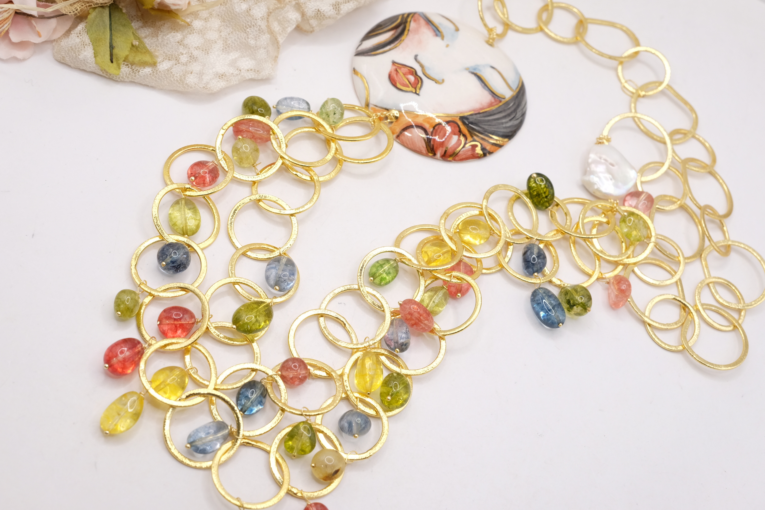 COLLANA MULTIFILO PIASTRA CERAMICA DI CALTAGIRONE TORMALINE MULTICOLORE (3)