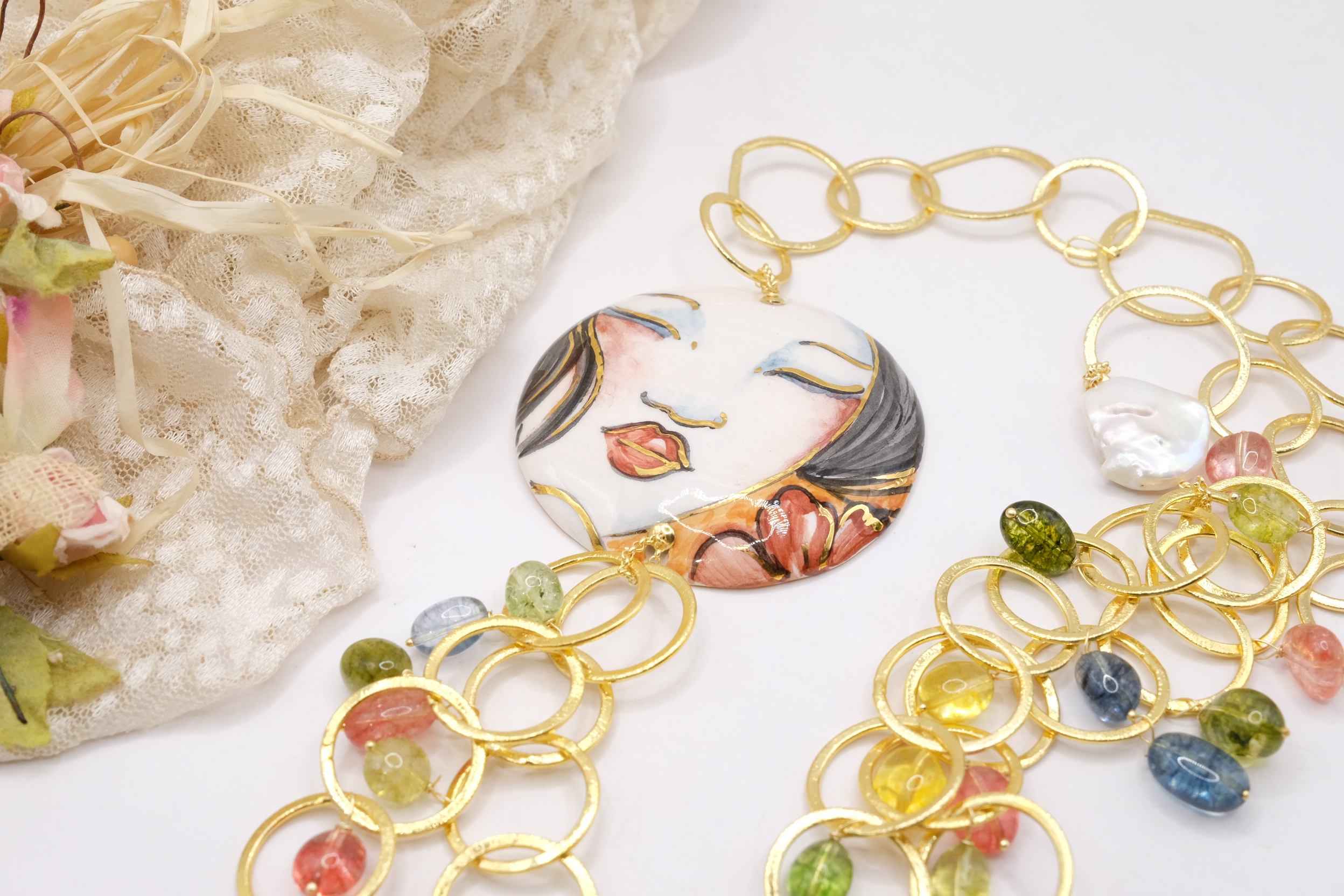 COLLANA MULTIFILO PIASTRA CERAMICA DI CALTAGIRONE TORMALINE MULTICOLORE (4)