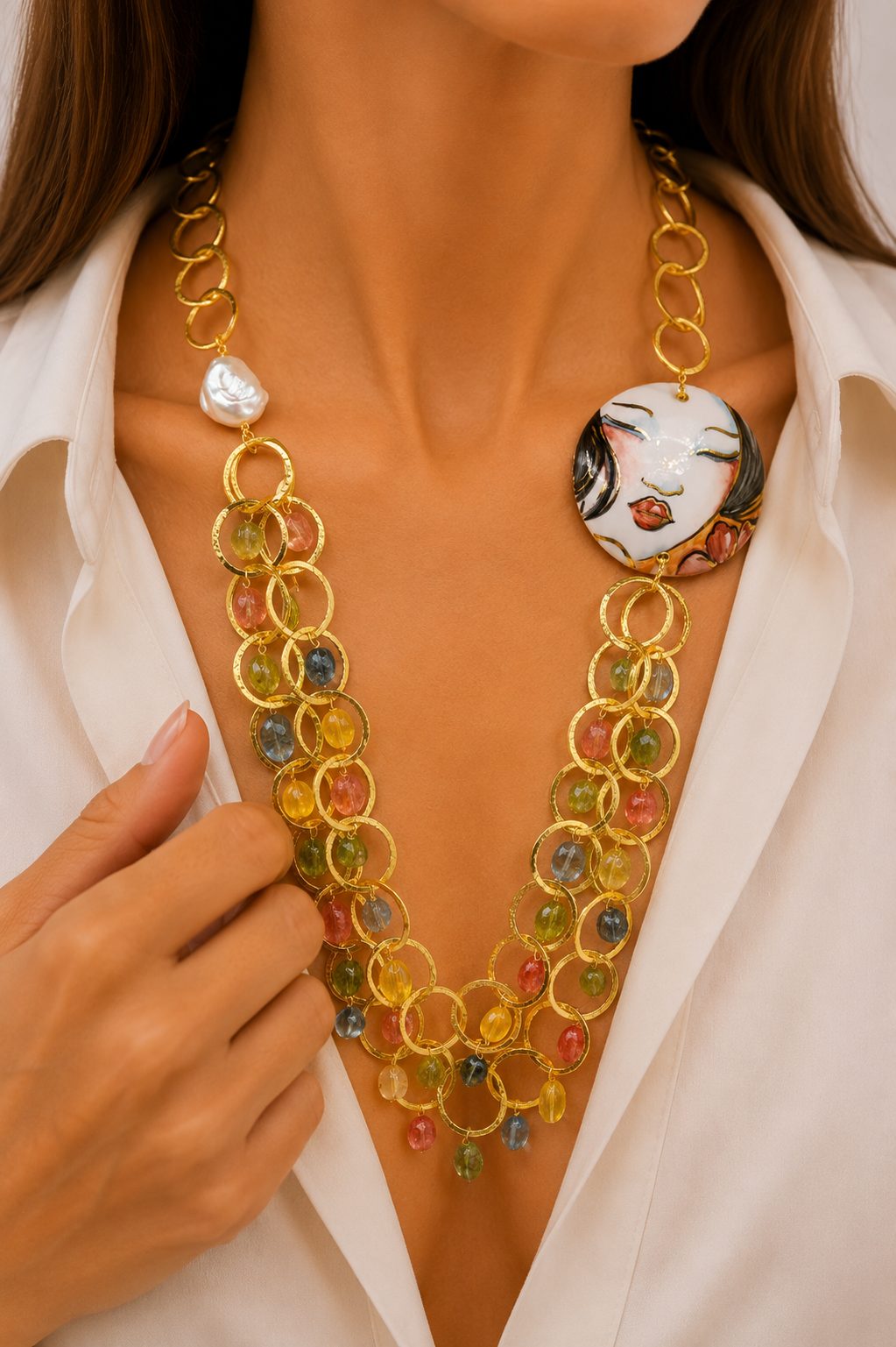 COLLANA MULTIFILO PIASTRA CERAMICA DI CALTAGIRONE TORMALINE MULTICOLORE (8)