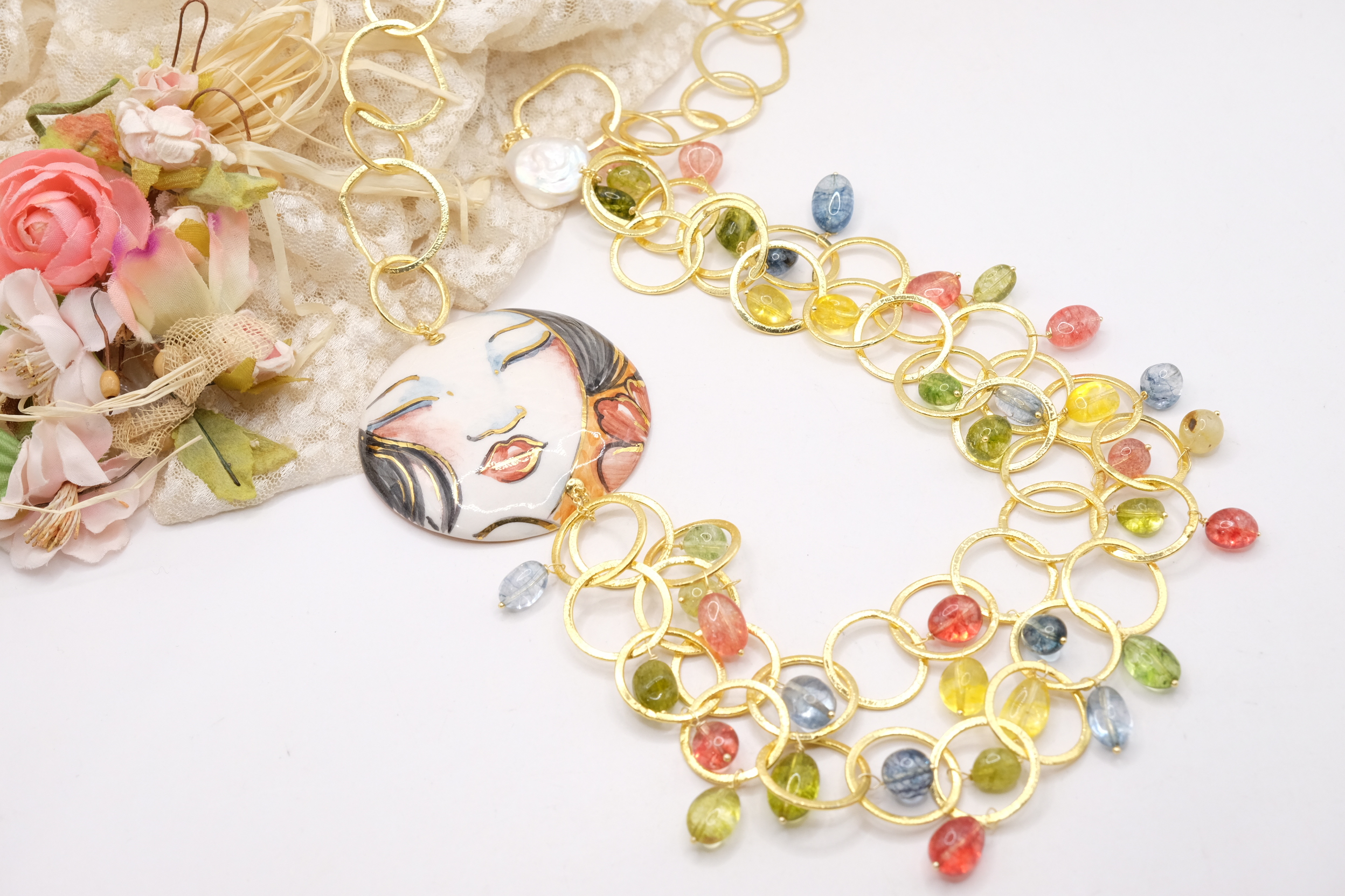 COLLANA MULTIFILO PIASTRA CERAMICA DI CALTAGIRONE TORMALINE MULTICOLORE (8)