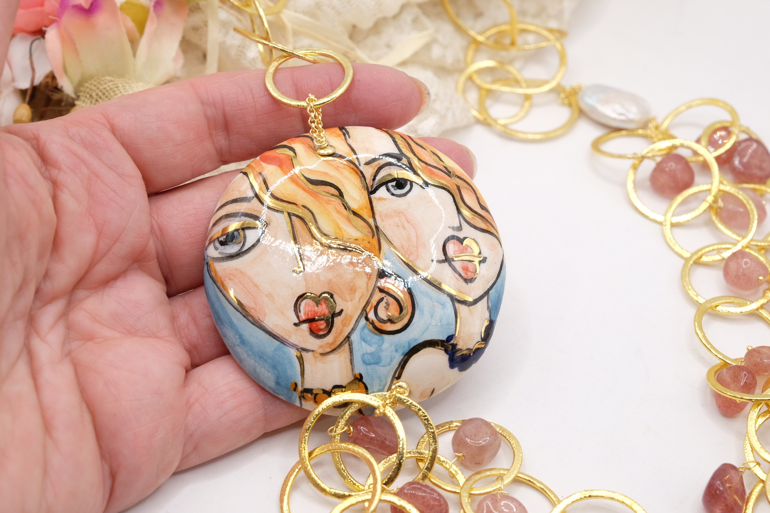 COLLANA MULTIFILO PIASTRA CERAMICA DI CALTAGIRONE TORMALINE ROSA (1)