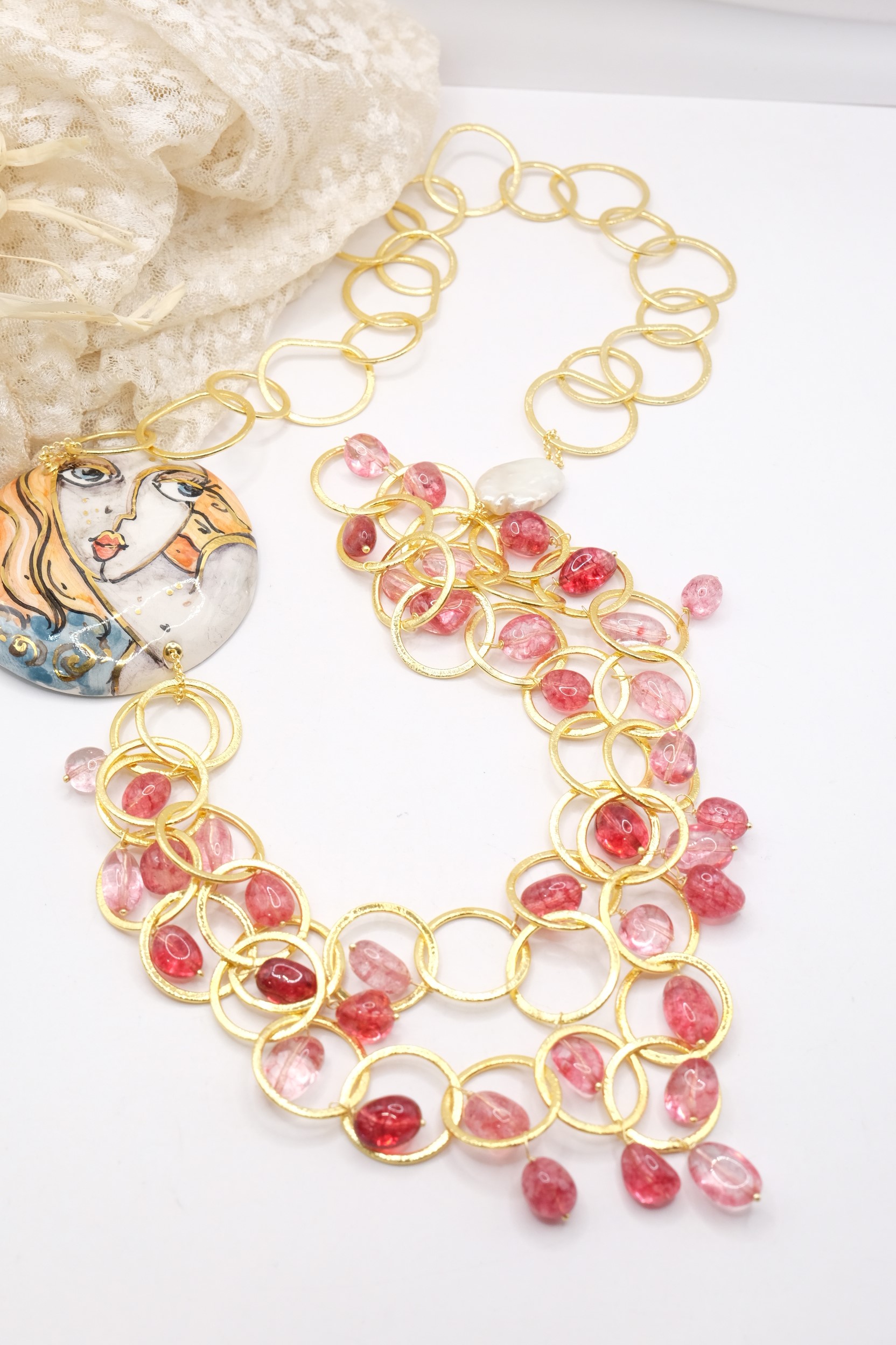 COLLANA MULTIFILO PIASTRA CERAMICA DI CALTAGIRONE TORMALINE ROSA 2 (1)