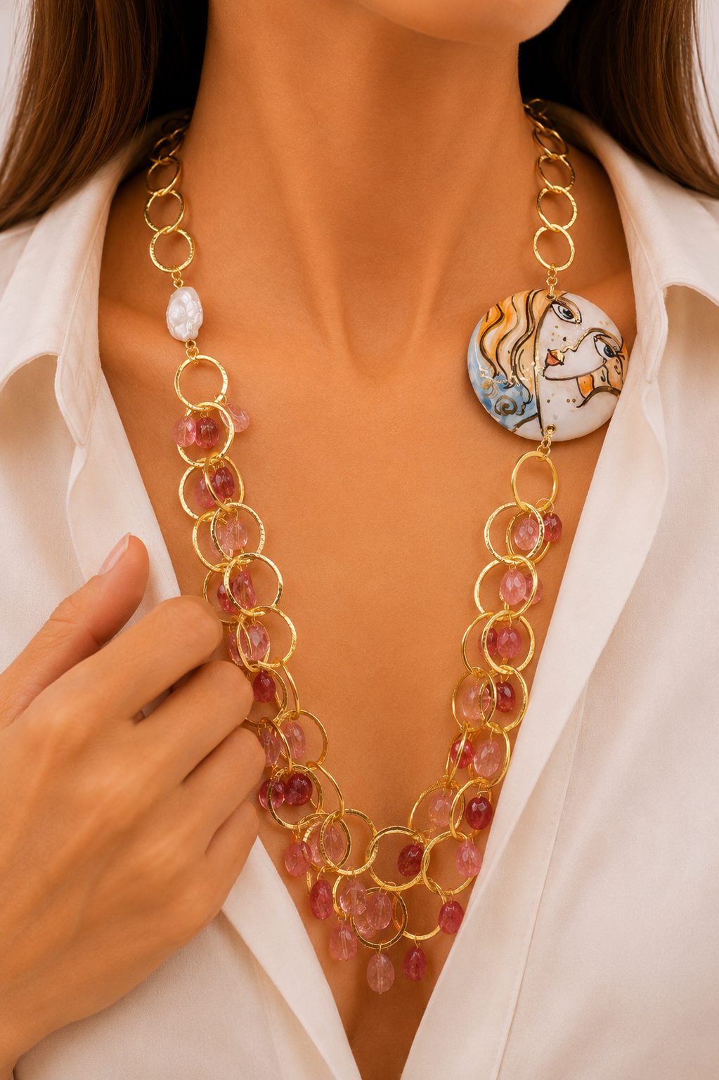 COLLANA MULTIFILO PIASTRA CERAMICA DI CALTAGIRONE TORMALINE ROSA 2 (2)