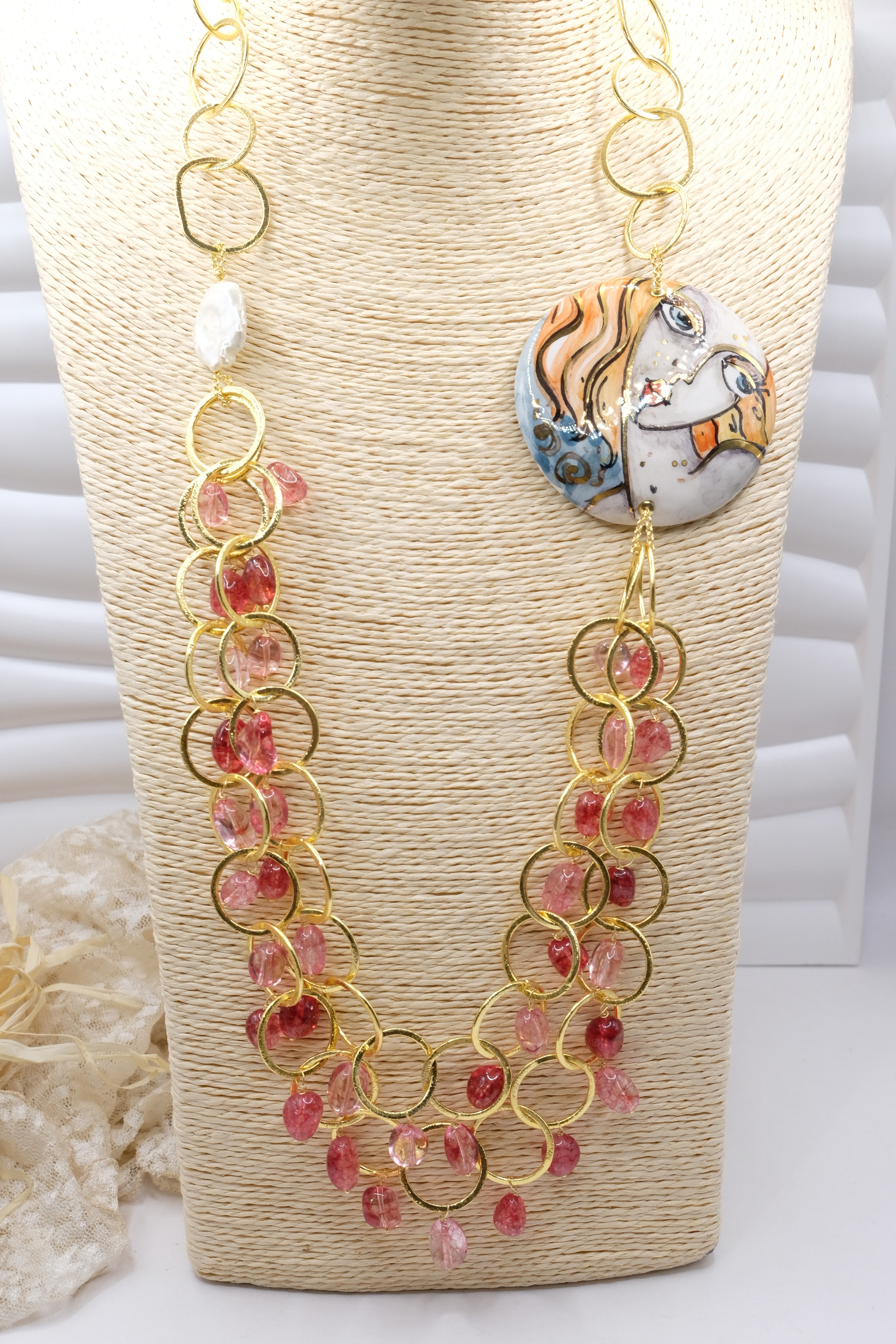 COLLANA MULTIFILO PIASTRA CERAMICA DI CALTAGIRONE TORMALINE ROSA 2 (2)
