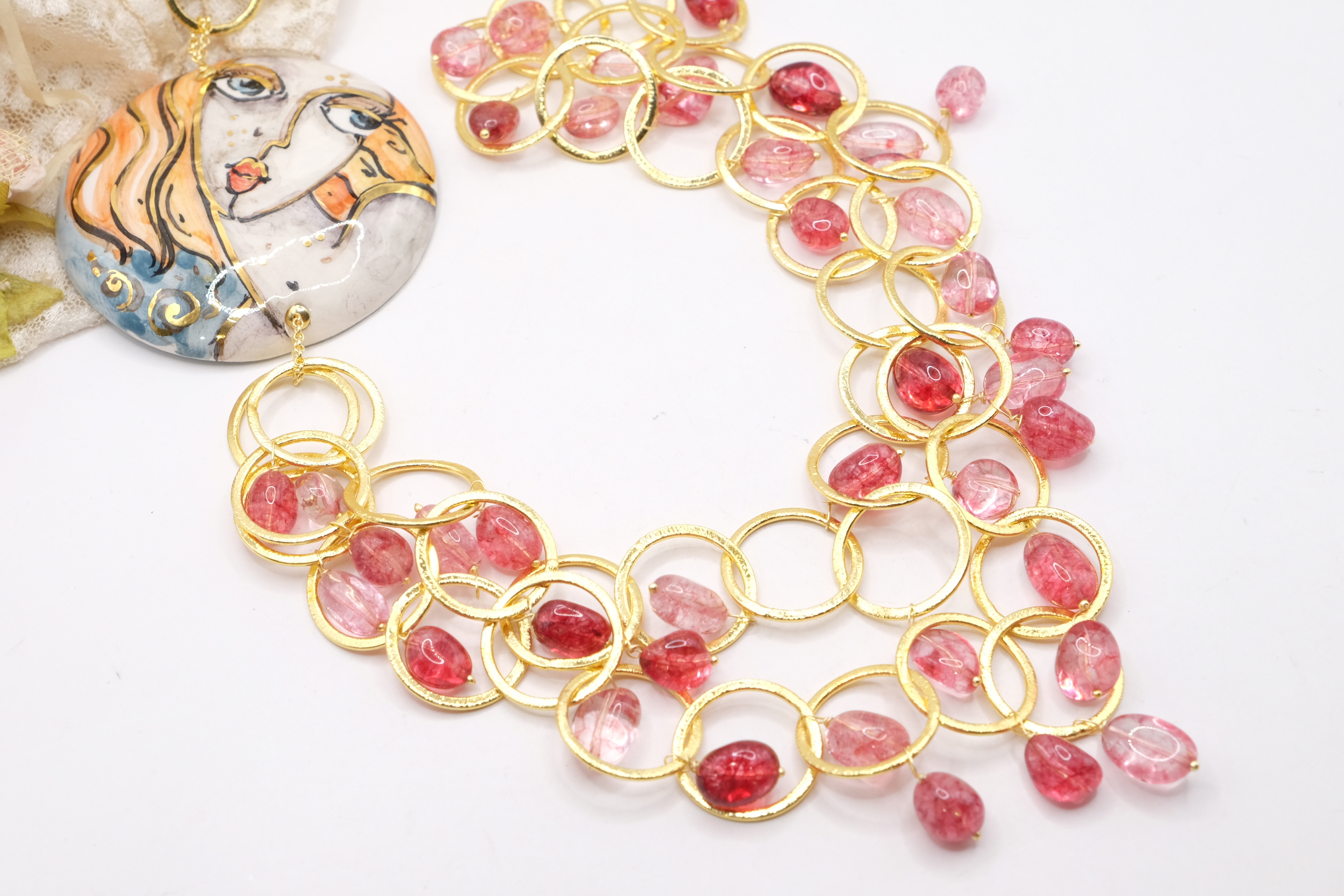 COLLANA MULTIFILO PIASTRA CERAMICA DI CALTAGIRONE TORMALINE ROSA 2 (3)