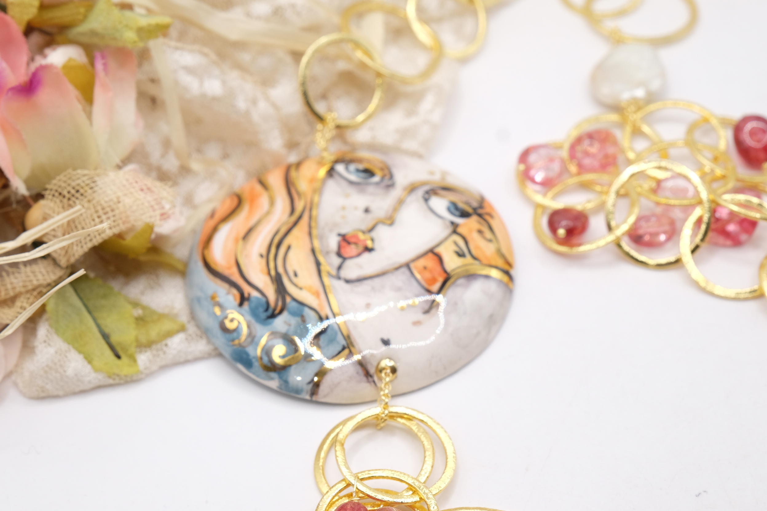 COLLANA MULTIFILO PIASTRA CERAMICA DI CALTAGIRONE TORMALINE ROSA 2 (5)