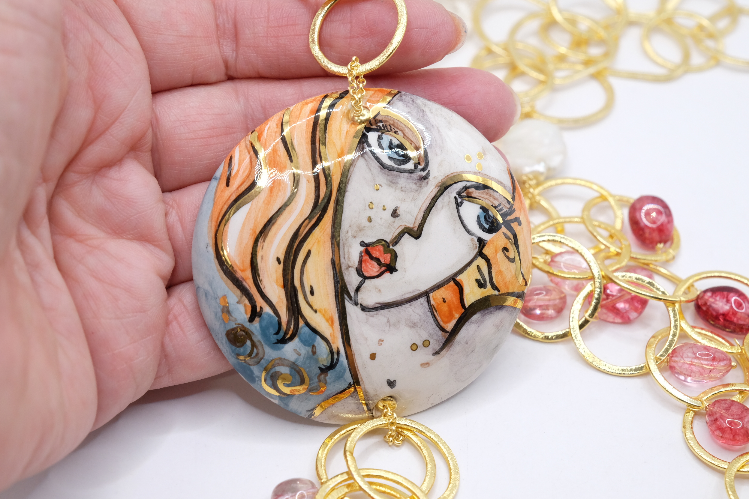 COLLANA MULTIFILO PIASTRA CERAMICA DI CALTAGIRONE TORMALINE ROSA 2 (6)