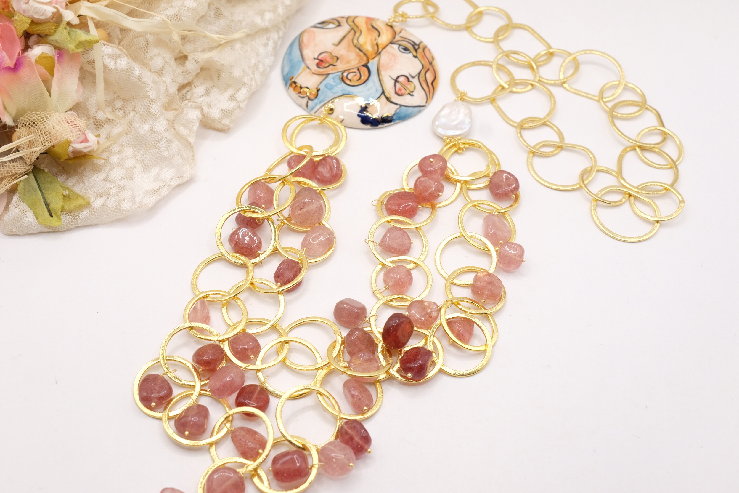 COLLANA MULTIFILO PIASTRA CERAMICA DI CALTAGIRONE TORMALINE ROSA (2)