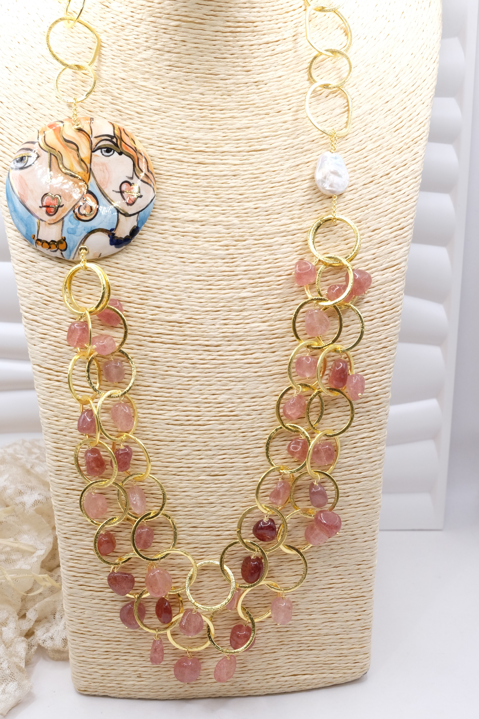 COLLANA MULTIFILO PIASTRA CERAMICA DI CALTAGIRONE TORMALINE ROSA (3)