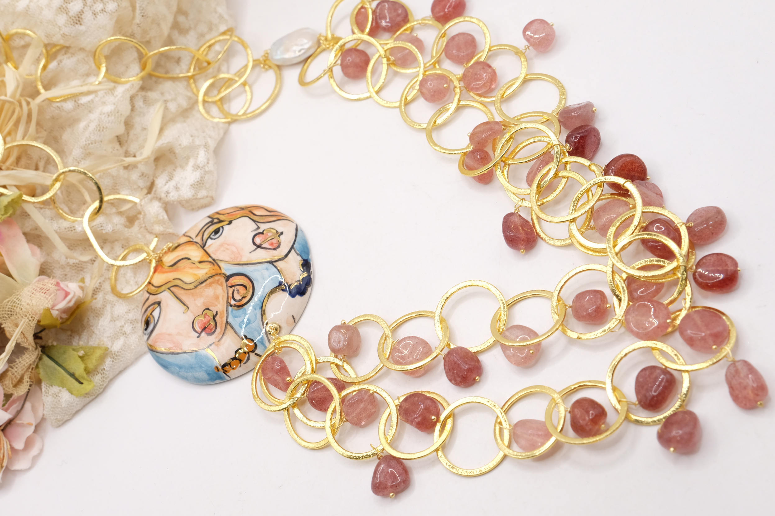 COLLANA MULTIFILO PIASTRA CERAMICA DI CALTAGIRONE TORMALINE ROSA (4)