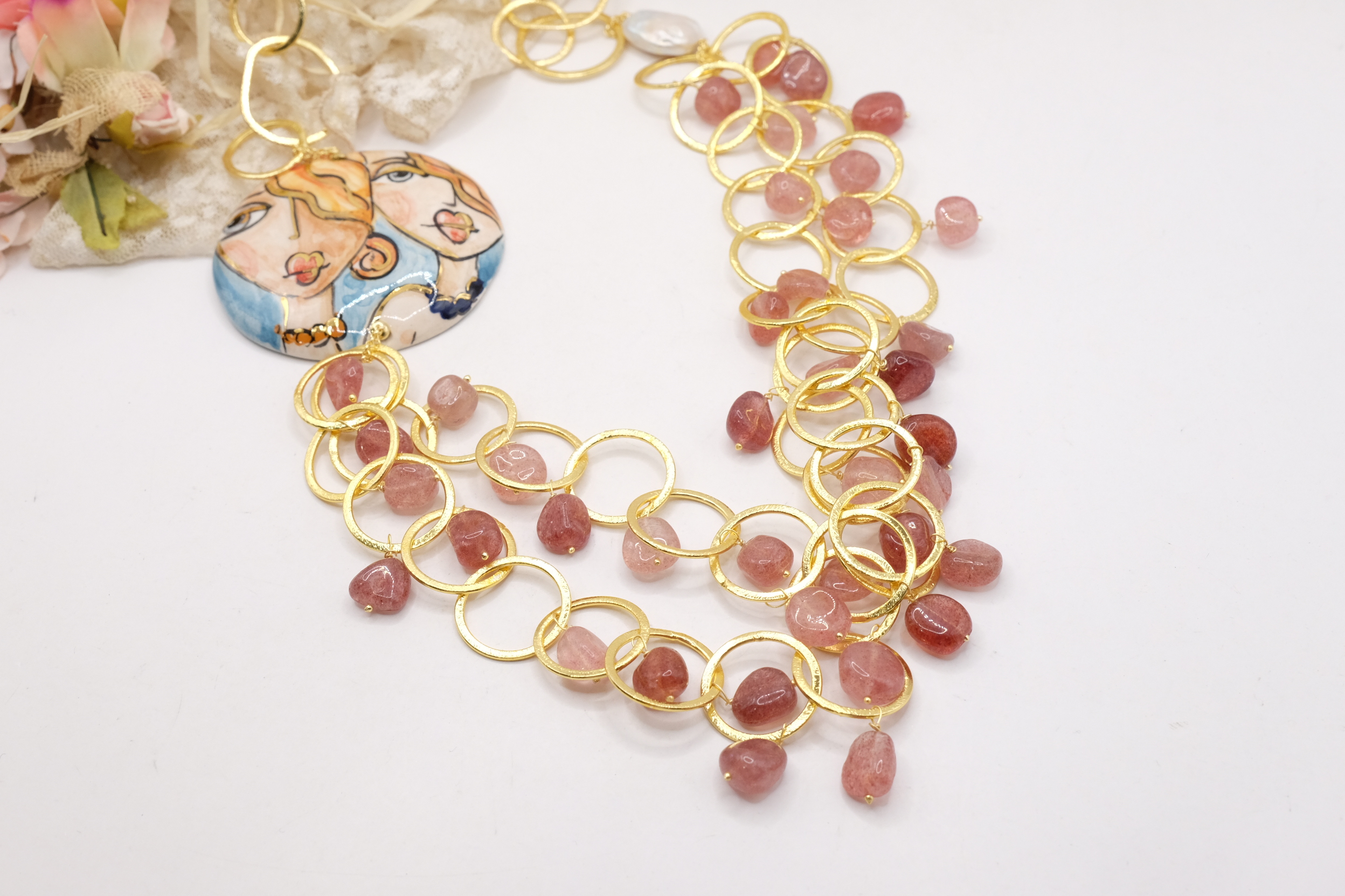 COLLANA MULTIFILO PIASTRA CERAMICA DI CALTAGIRONE TORMALINE ROSA (5)