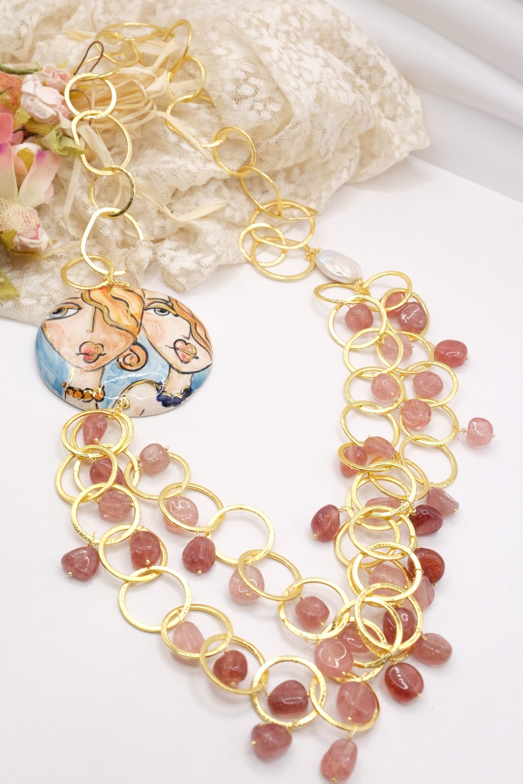 COLLANA MULTIFILO PIASTRA CERAMICA DI CALTAGIRONE TORMALINE ROSA (6)