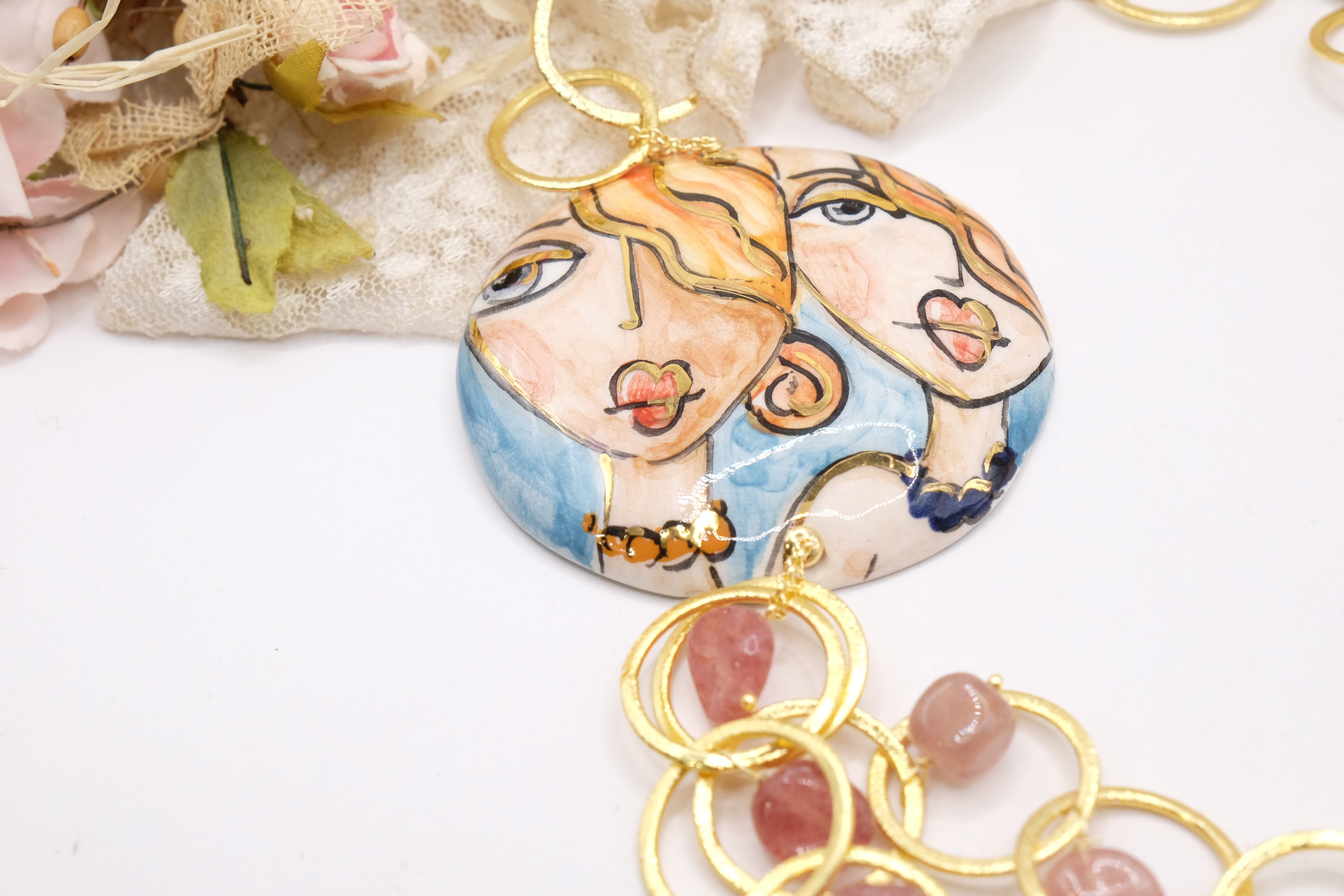 COLLANA MULTIFILO PIASTRA CERAMICA DI CALTAGIRONE TORMALINE ROSA (7)
