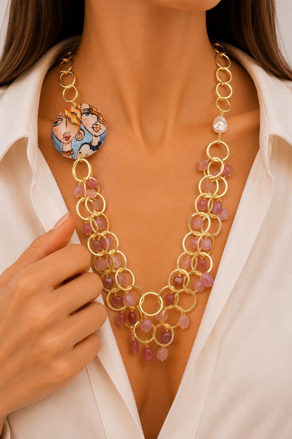 COLLANA MULTIFILO PIASTRA CERAMICA DI CALTAGIRONE TORMALINE ROSA
