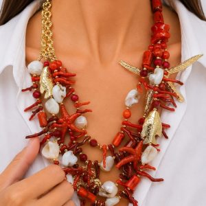 Collana Multifilo Rossa Conchiglie Madreperla Stella Marina Pesce Cavalluccio