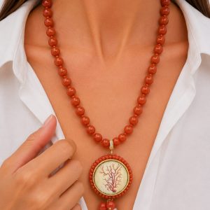 Collana Ciondolo Ceramica di Caltagirone Doppia Pasta di Corallo Ramo