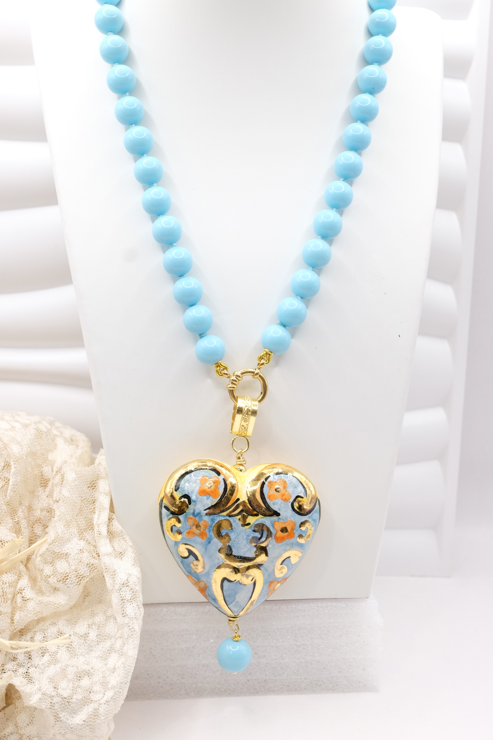 TURQUOISE PASTA NECKLACE WITH SICILIAN CALTAGIRONE CERAMIC HEART (2)