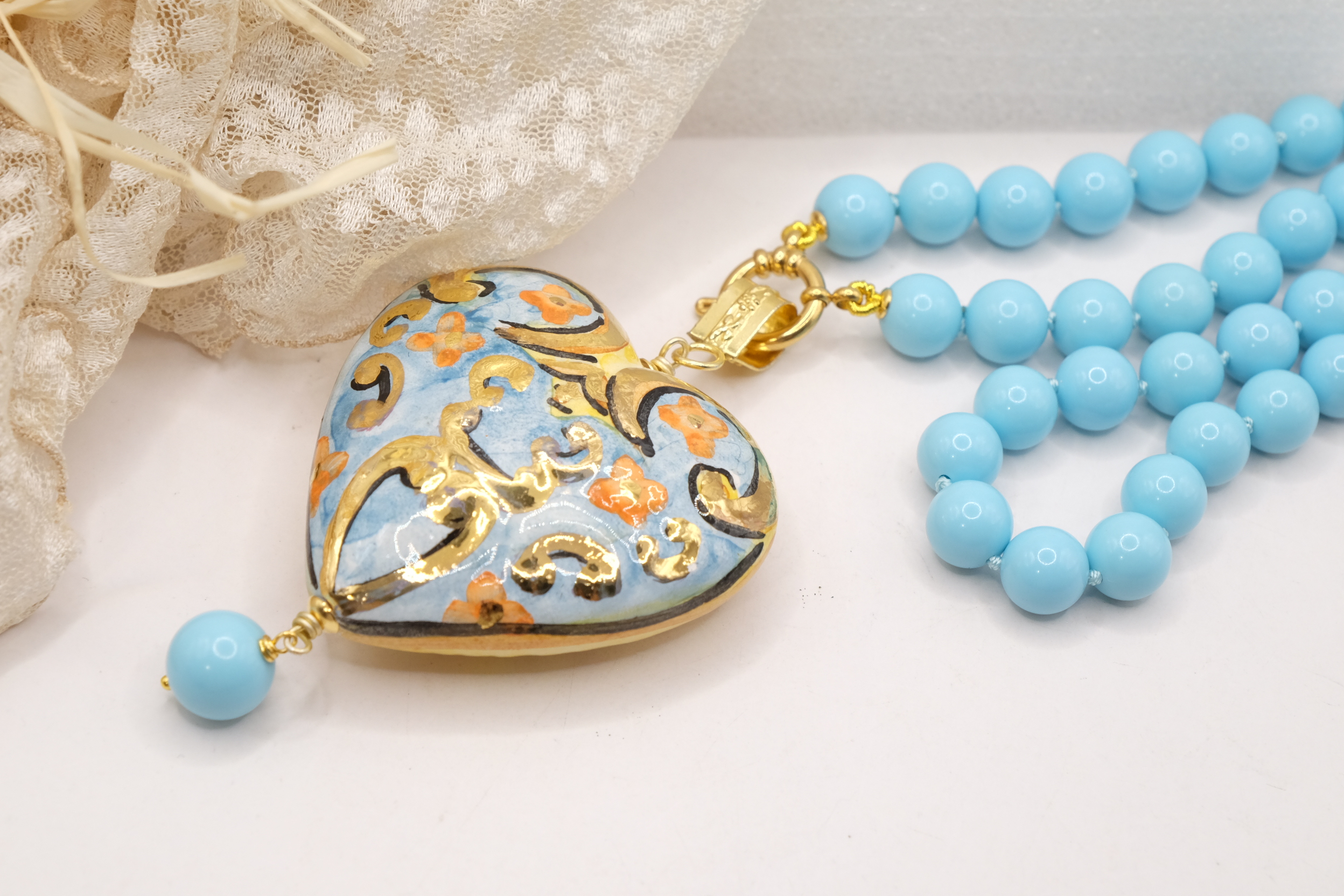 TURQUOISE PASTA NECKLACE, HANDMADE, SICILIAN CALTAGIRONE CERAMIC HEART (4)