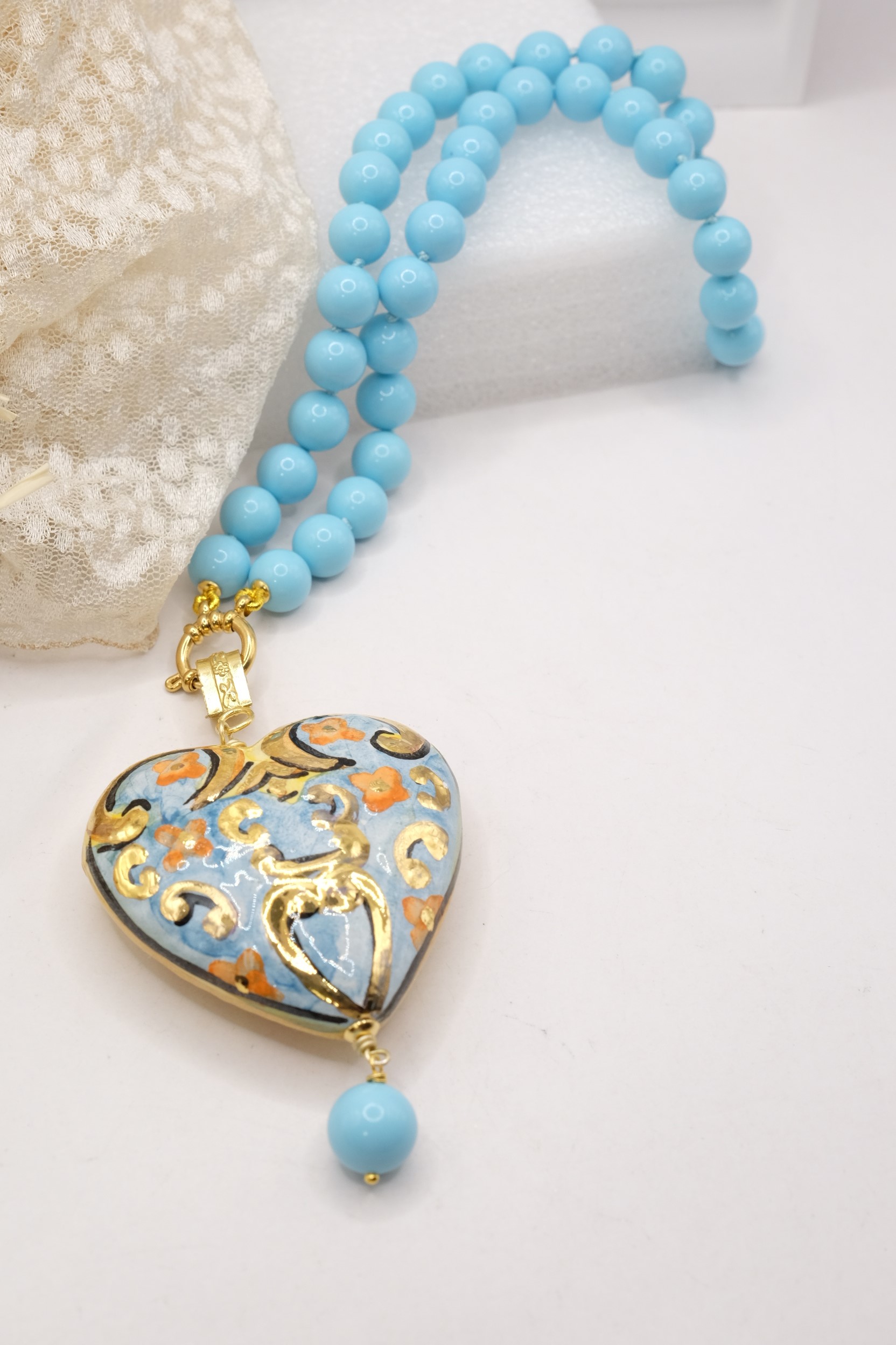 TURQUOISE PASTA NECKLACE WITH SICILIAN CALTAGIRONE CERAMIC HEART (6)