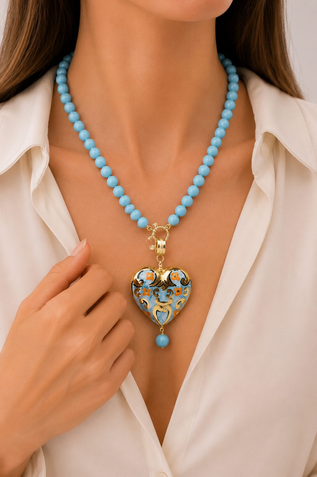 Handmade Turquoise Paste Necklace with a Heart-Shaped Ceramic Heart from Caltagirone, Sicily