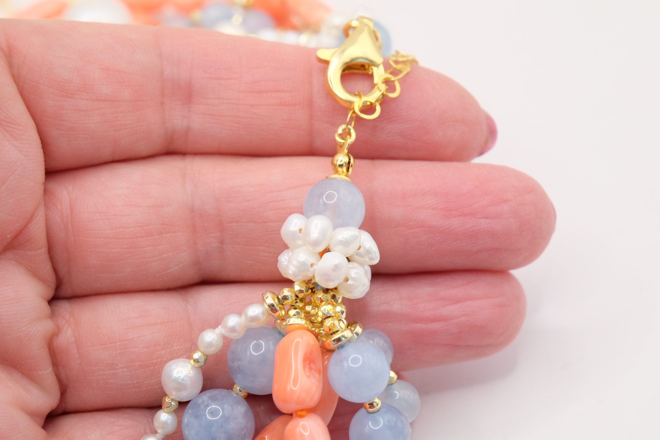 COLLANA TORCHON ARTIGIANALE ACQUAMARINA CORALLO BAMBOO PERLE EMATITE (1)