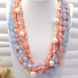 Collana Multifilo Torchon Acquamarina Corallo Bamboo Rosa Perle Argento