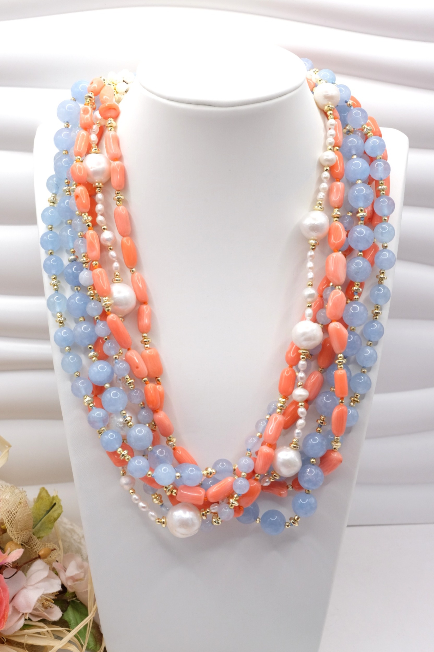 COLLANA TORCHON ARTIGIANALE ACQUAMARINA CORALLO BAMBOO PERLE EMATITE (2)