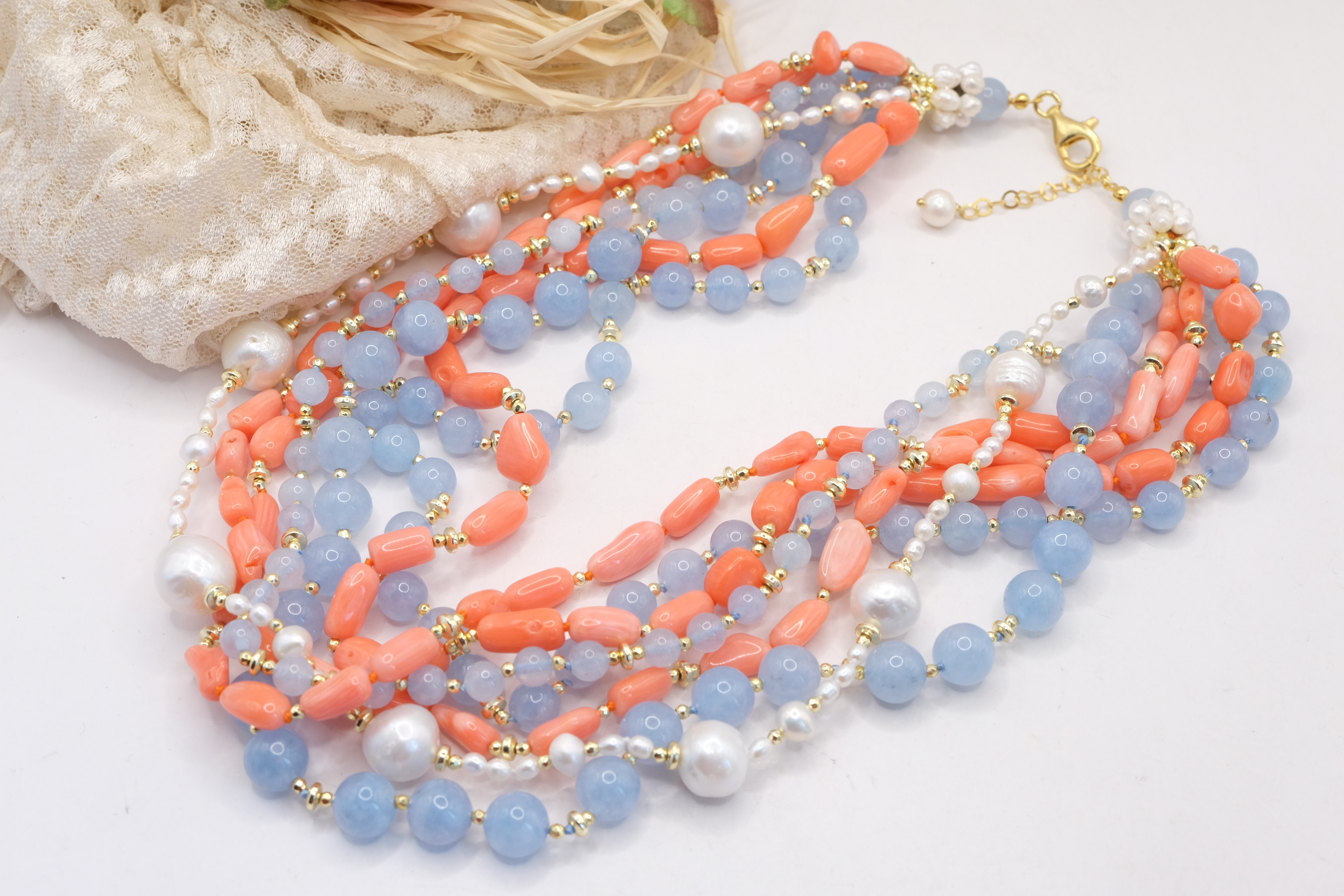 COLLANA TORCHON ARTIGIANALE ACQUAMARINA CORALLO BAMBOO PERLE EMATITE (3)