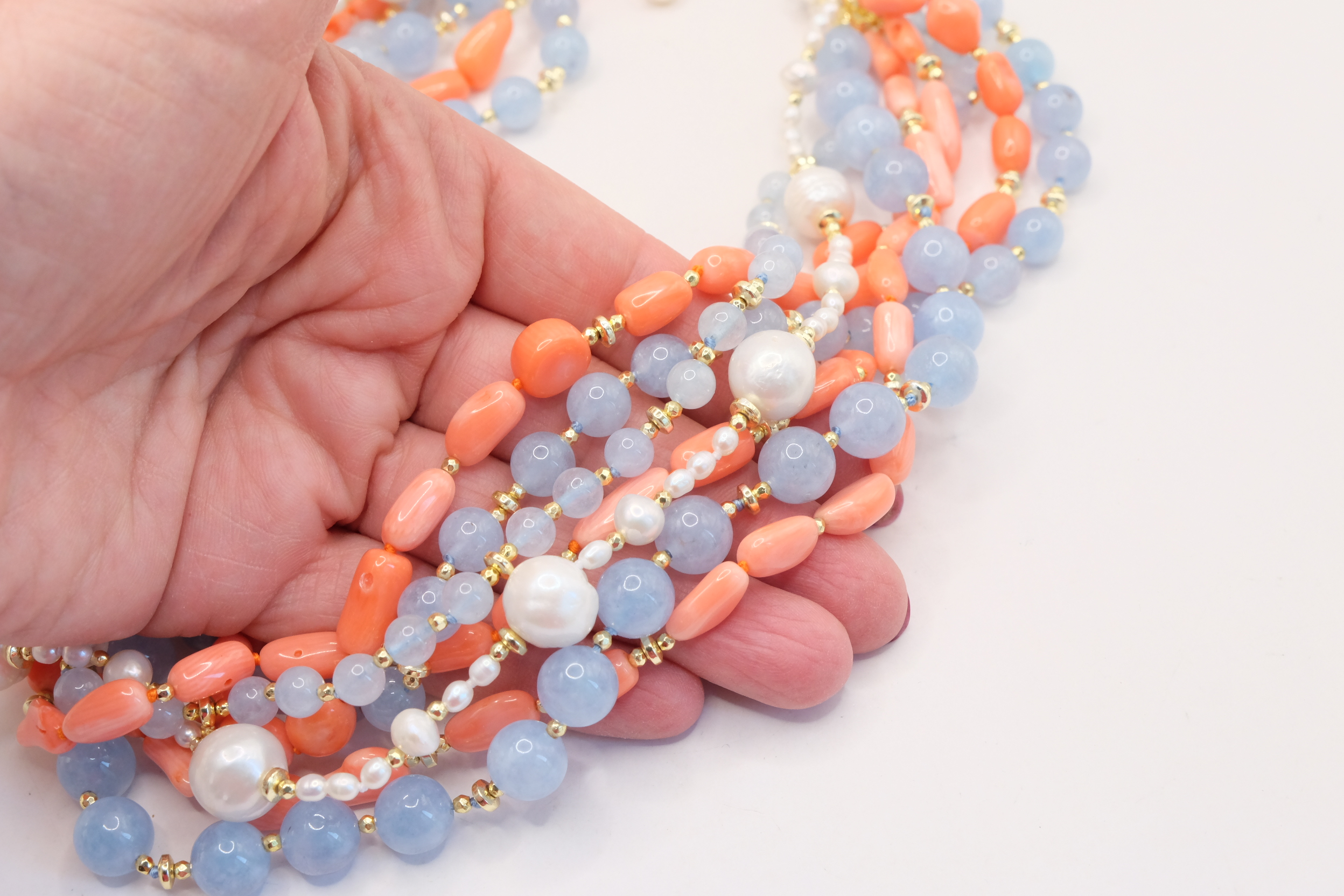 COLLANA TORCHON ARTIGIANALE ACQUAMARINA CORALLO BAMBOO PERLE EMATITE (4)