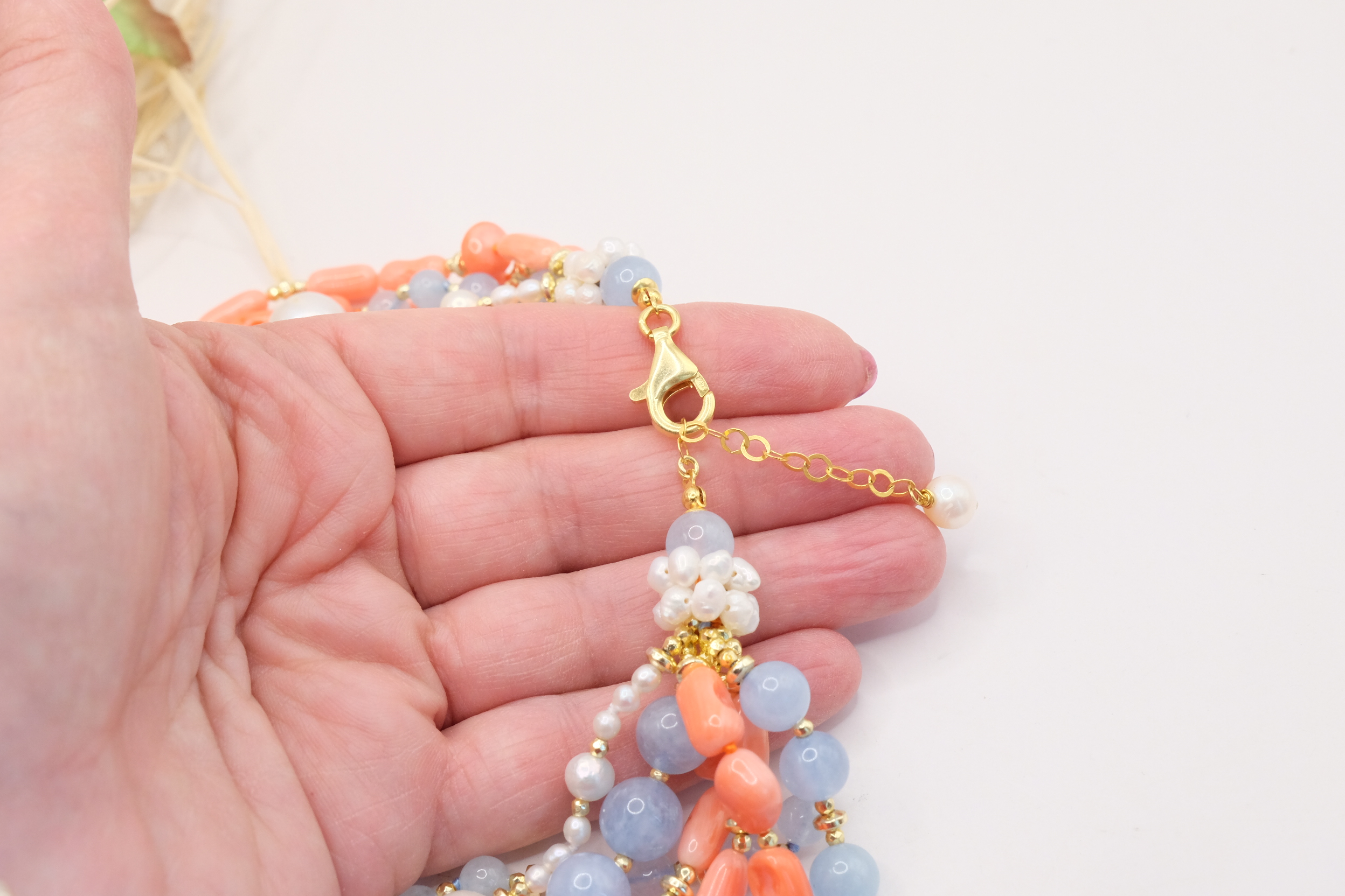 COLLANA TORCHON ARTIGIANALE ACQUAMARINA CORALLO BAMBOO PERLE EMATITE (5)