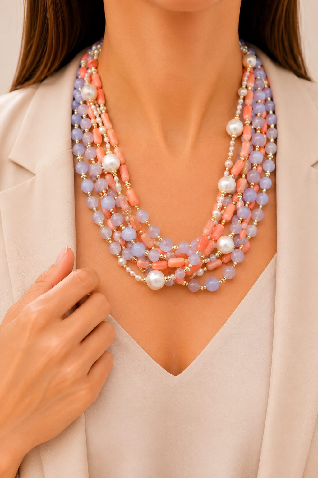 COLLANA TORCHON ARTIGIANALE ACQUAMARINA CORALLO BAMBOO PERLE EMATITE