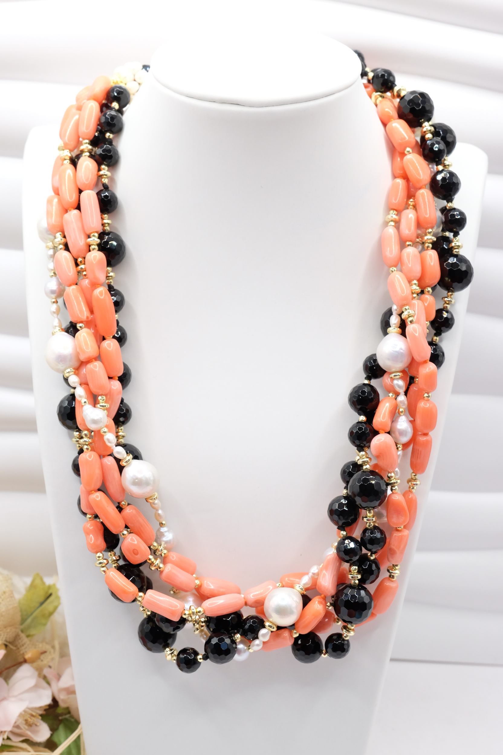 COLLANA TORCHON ARTIGIANALE ONICE CORALLO BAMBOO PERLE EMATITE (3)