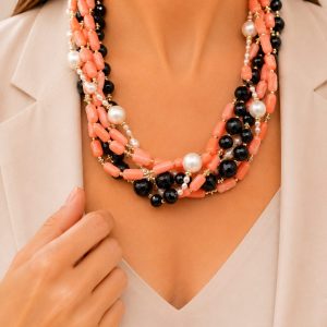 Collana Multifilo Torchon Onice Corallo Bamboo Rosa Perle Argento