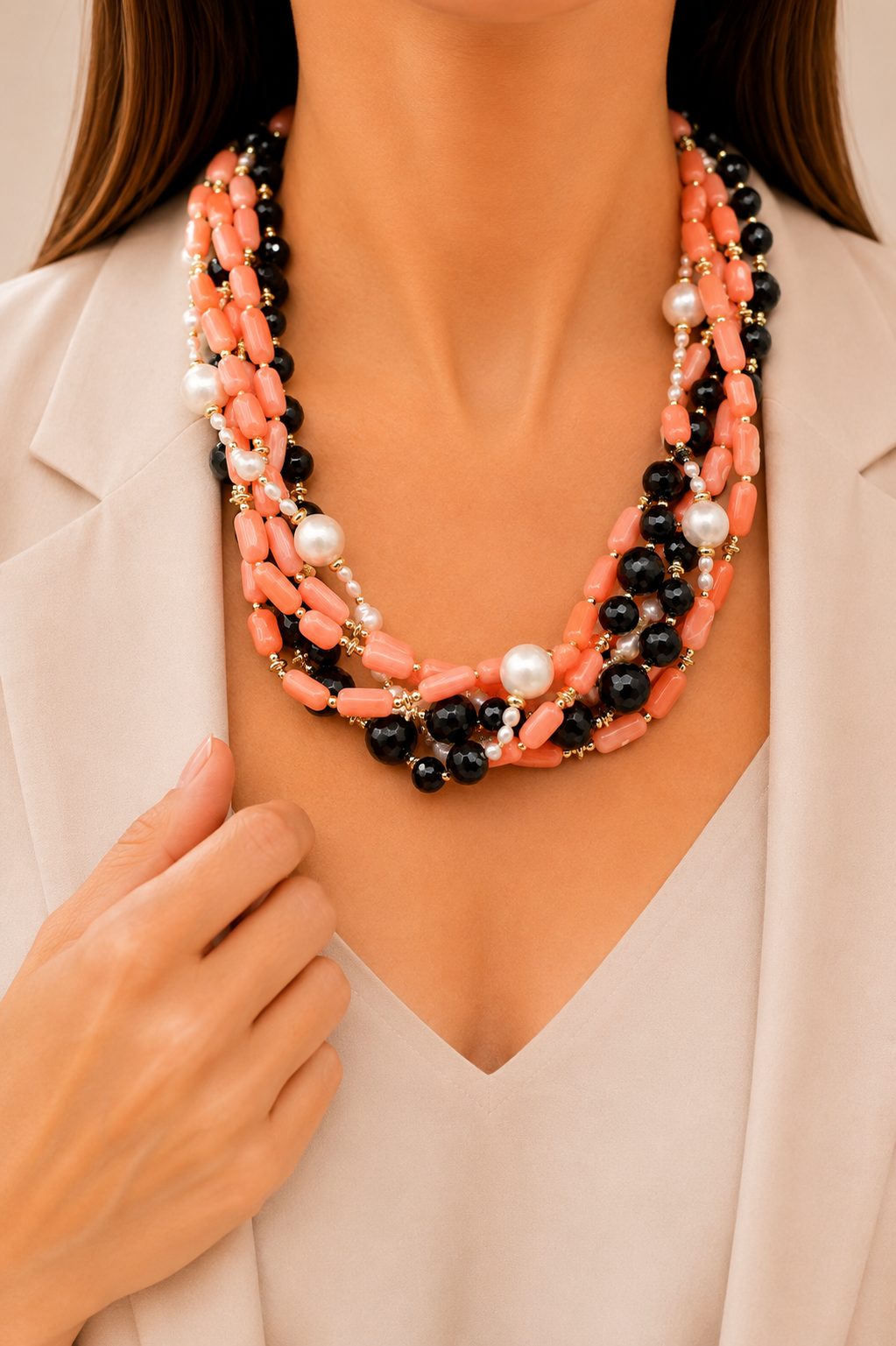 COLLANA TORCHON ARTIGIANALE ONICE CORALLO BAMBOO PERLE EMATITE