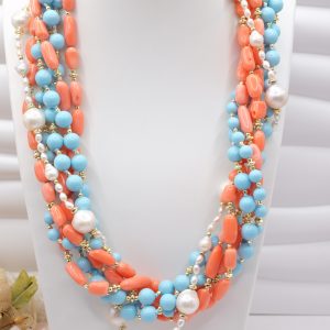 Collana Multifilo Torchon Pasta Turchese Corallo Bamboo Rosa Perle Argento