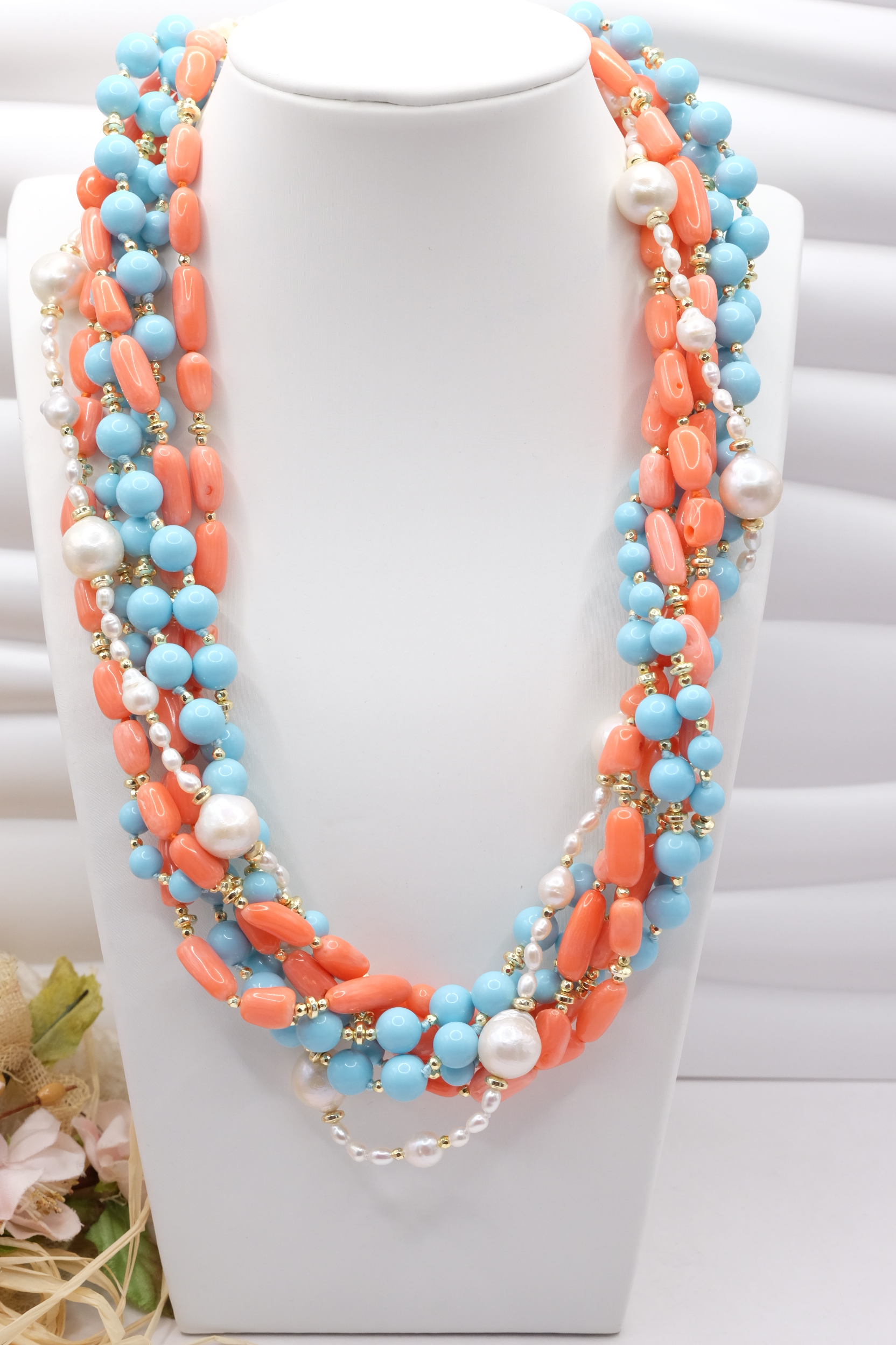 COLLANA TORCHON ARTIGIANALE PASTA DI TURCHESE CORALLO BAMBOO PERLE EMATITE (2)