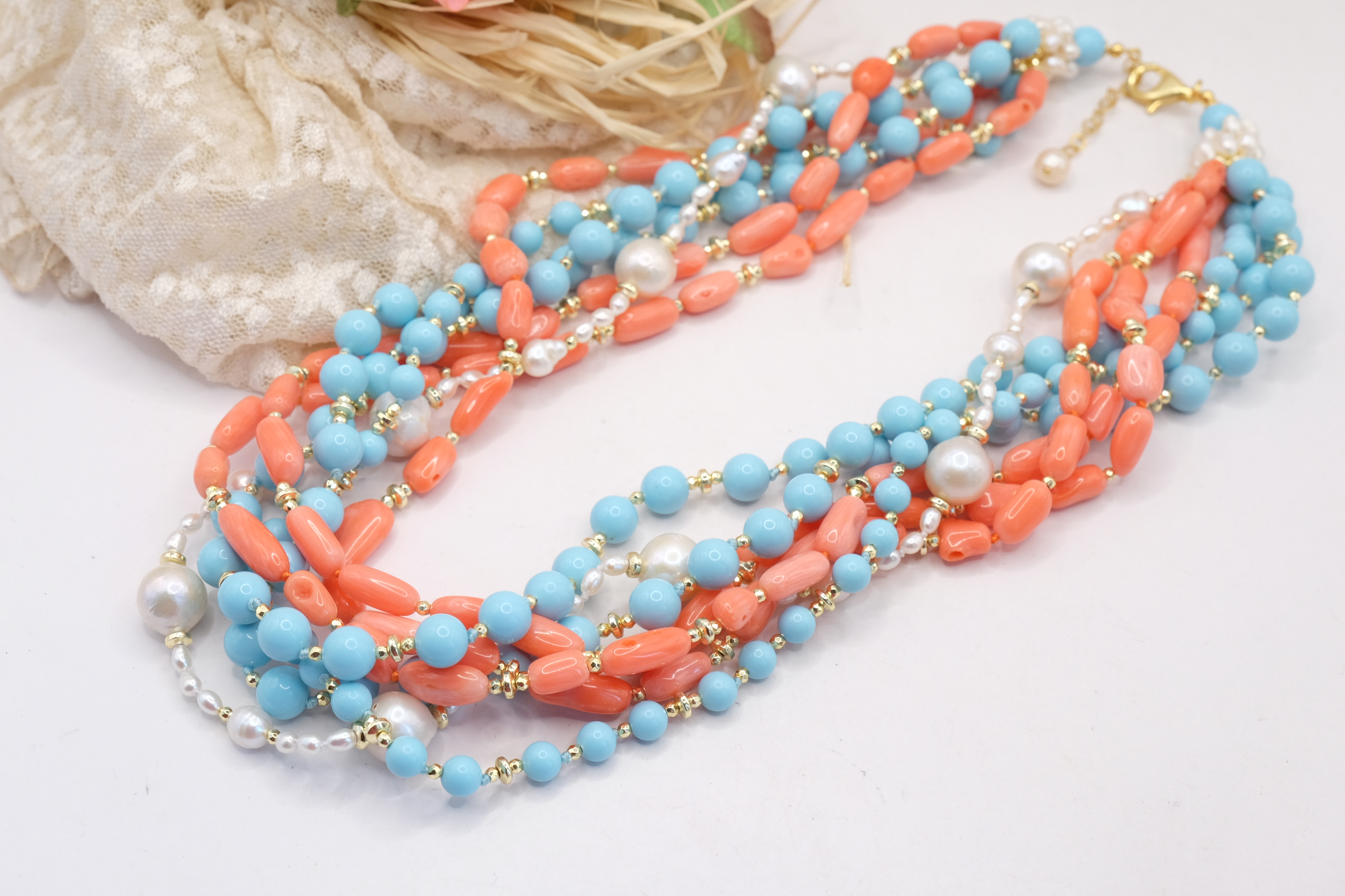 COLLANA TORCHON ARTIGIANALE PASTA DI TURCHESE CORALLO BAMBOO PERLE EMATITE (3)