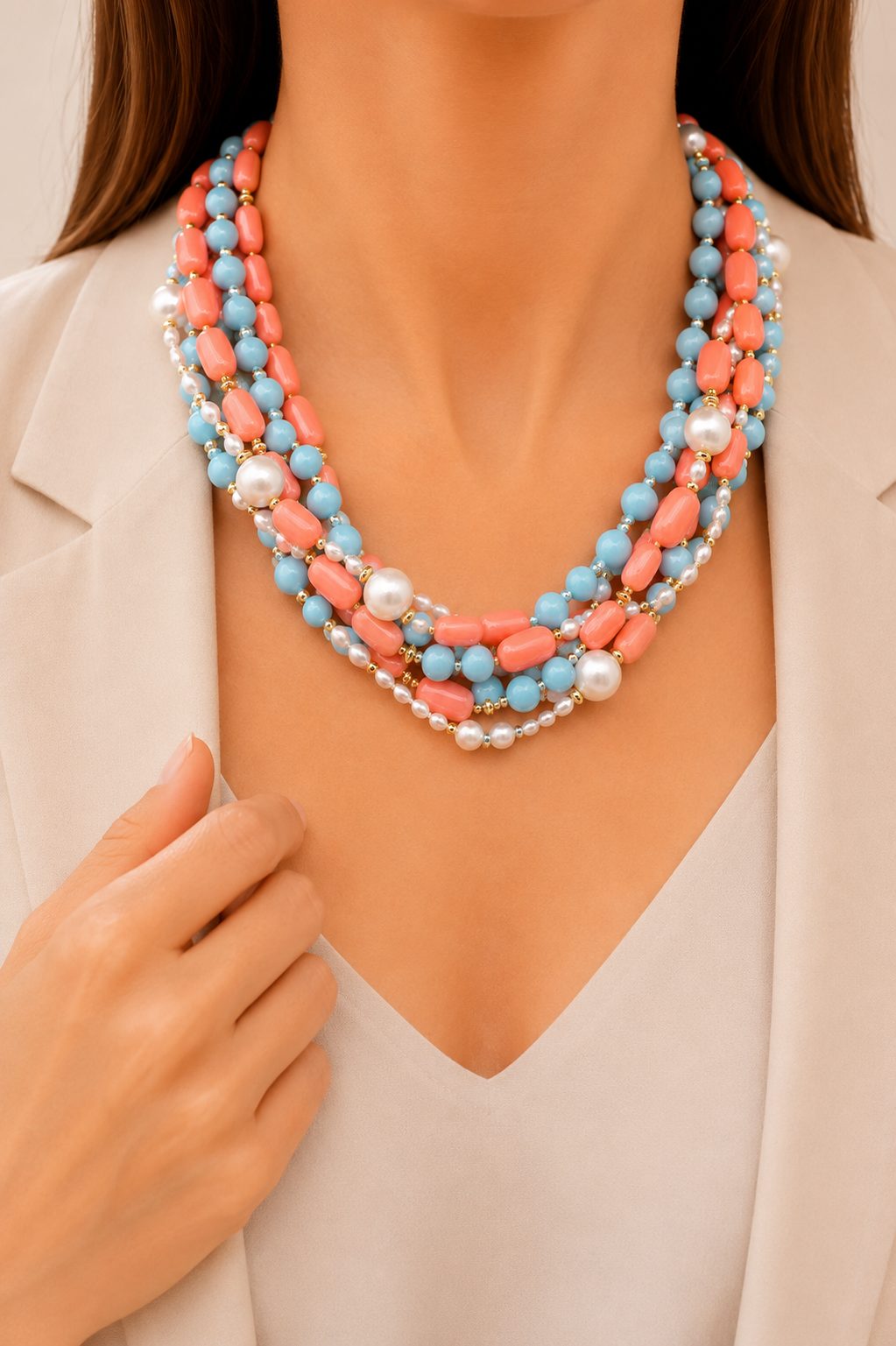 COLLANA TORCHON ARTIGIANALE PASTA DI TURCHESE CORALLO BAMBOO PERLE EMATITE