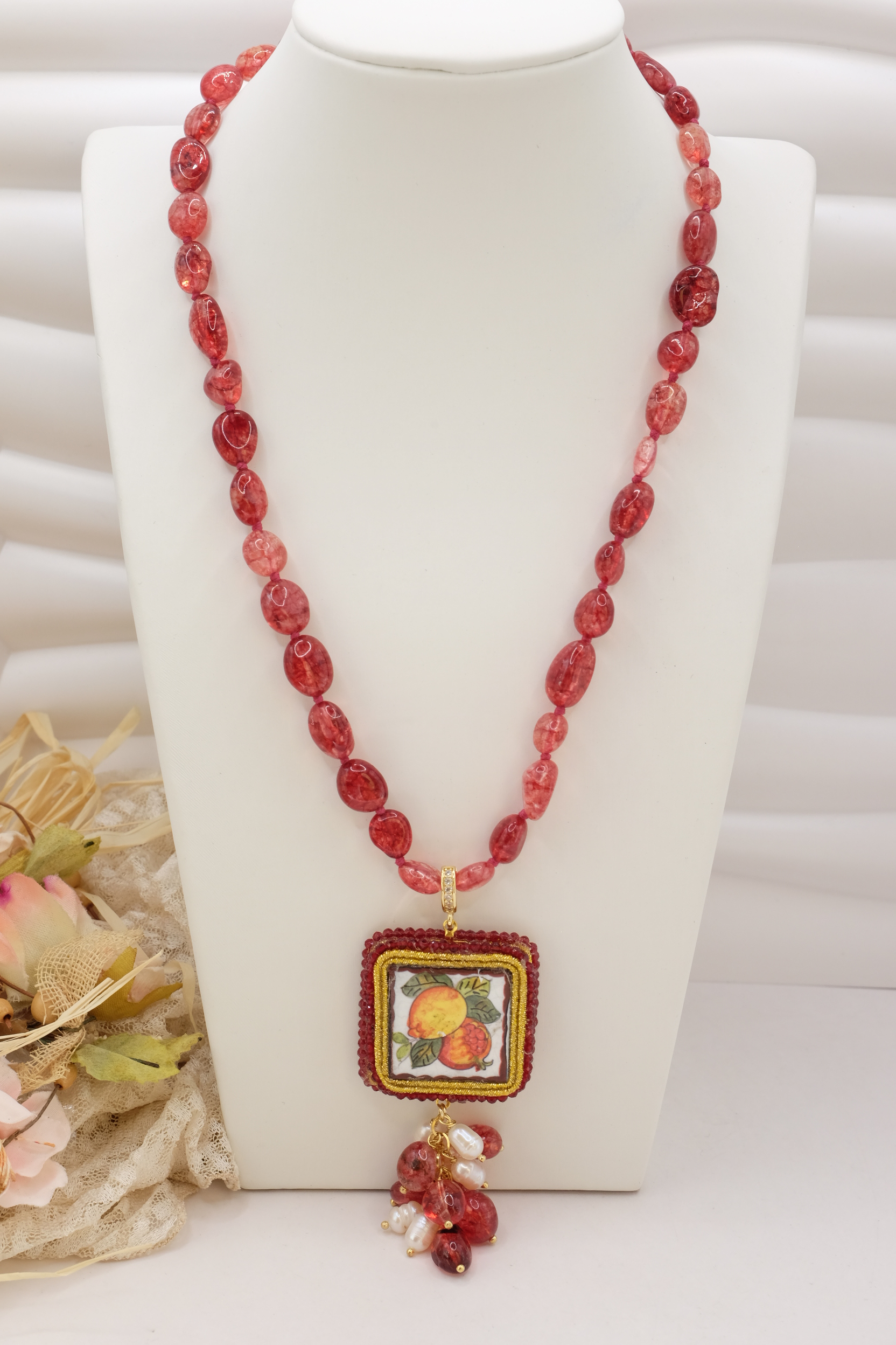COLLANA TORMALINE ROSA DOPPIA MATTONELLA CERAMICA DI CALTAGIRONE ARTIGIANALE SICILIANA (2)