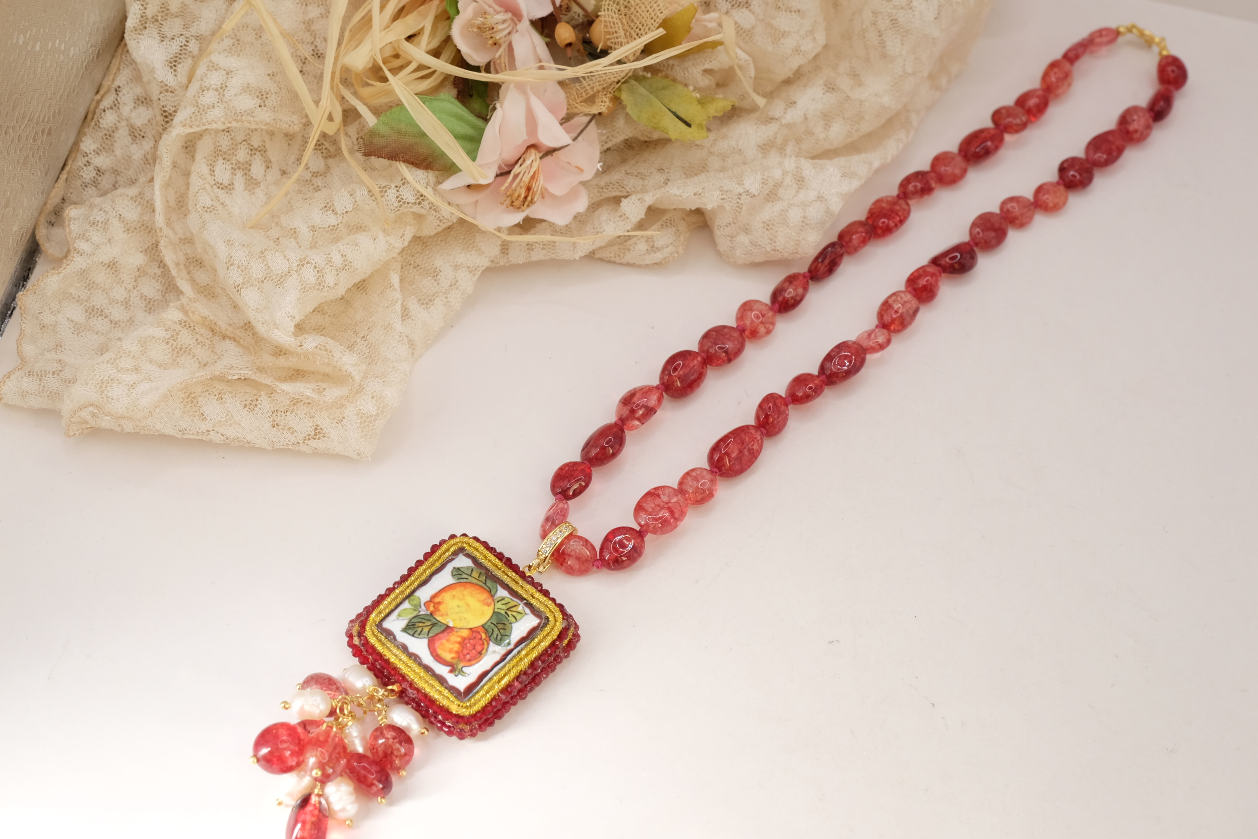 COLLANA TORMALINE ROSA DOPPIA MATTONELLA CERAMICA DI CALTAGIRONE ARTIGIANALE SICILIANA (3)