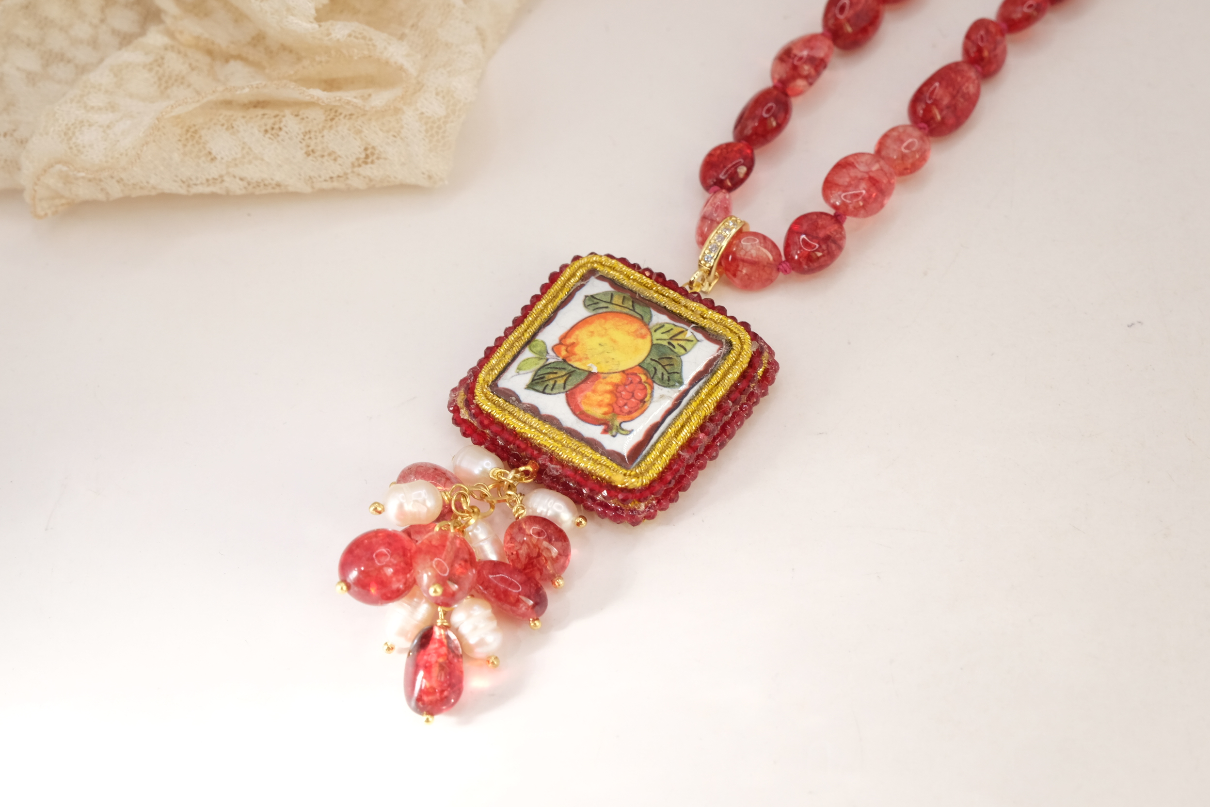 COLLANA TORMALINE ROSA DOPPIA MATTONELLA CERAMICA DI CALTAGIRONE ARTIGIANALE SICILIANA (4)