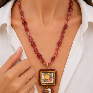 Collana Ciondolo Ceramica di Caltagirone Doppia Tormaline Rosa Arance