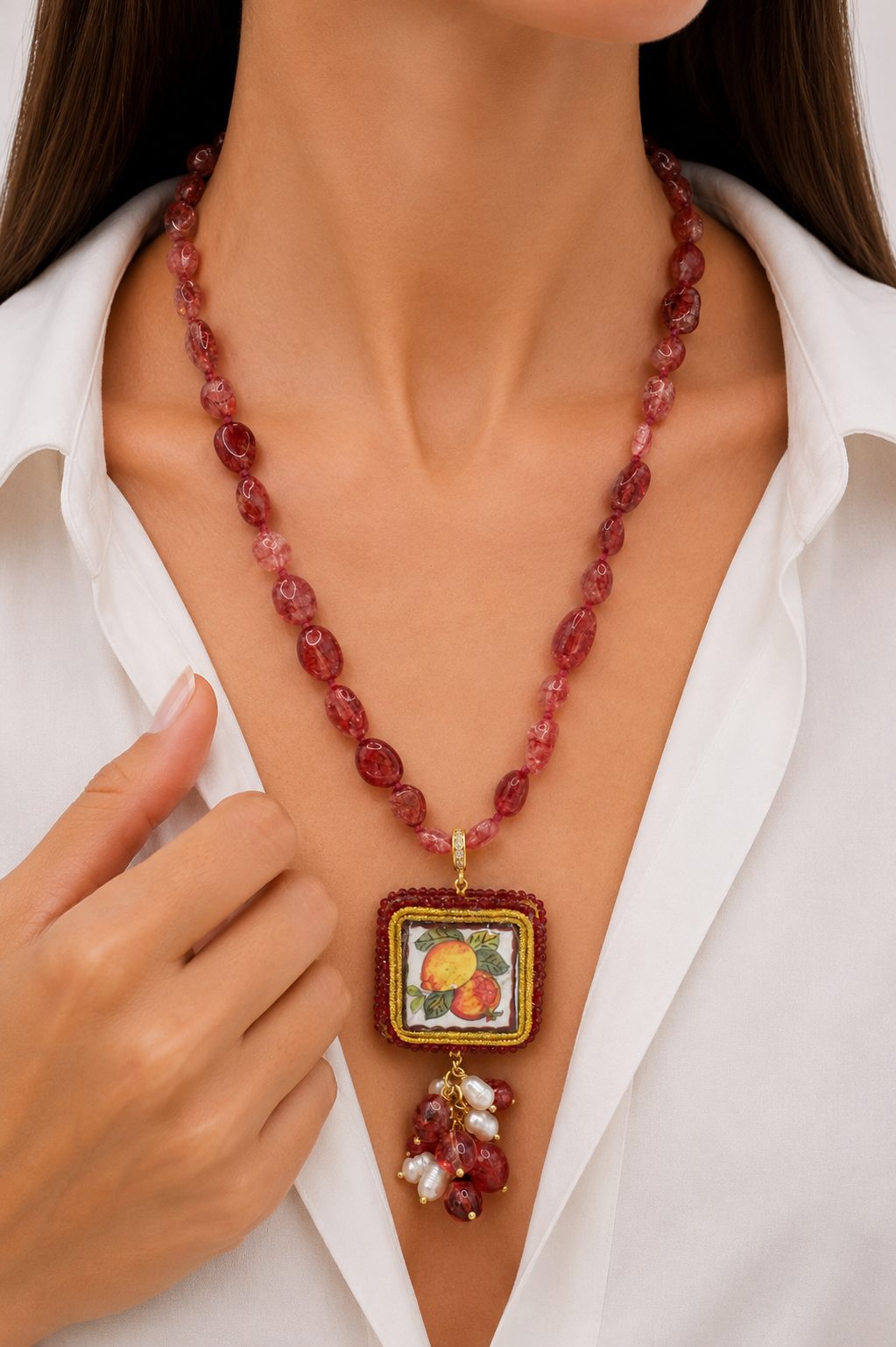 COLLANA TORMALINE ROSA DOPPIA MATTONELLA CERAMICA DI CALTAGIRONE ARTIGIANALE SICILIANA (5)